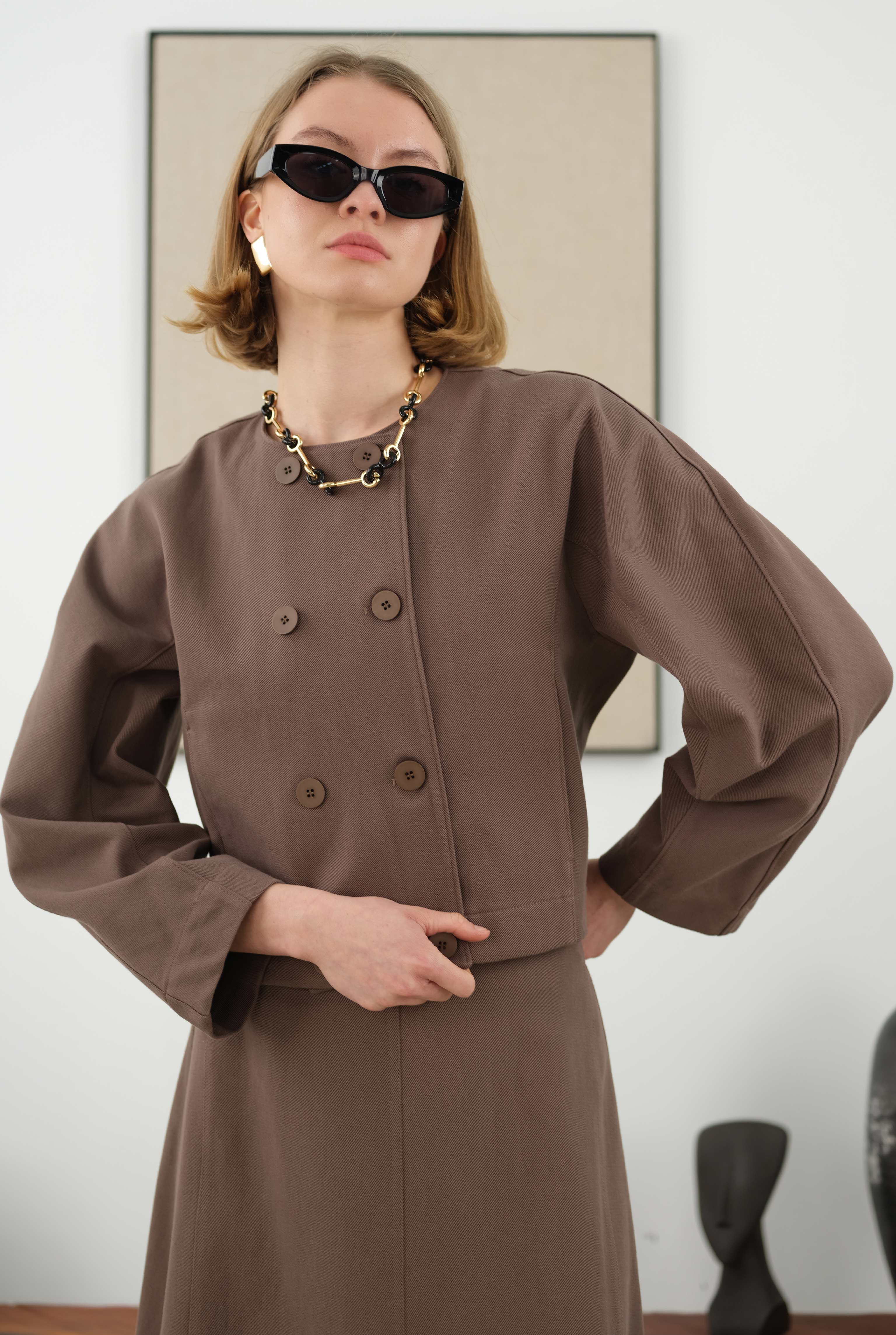 Cotton Double Breasted Jacket Dusty Brown - 4