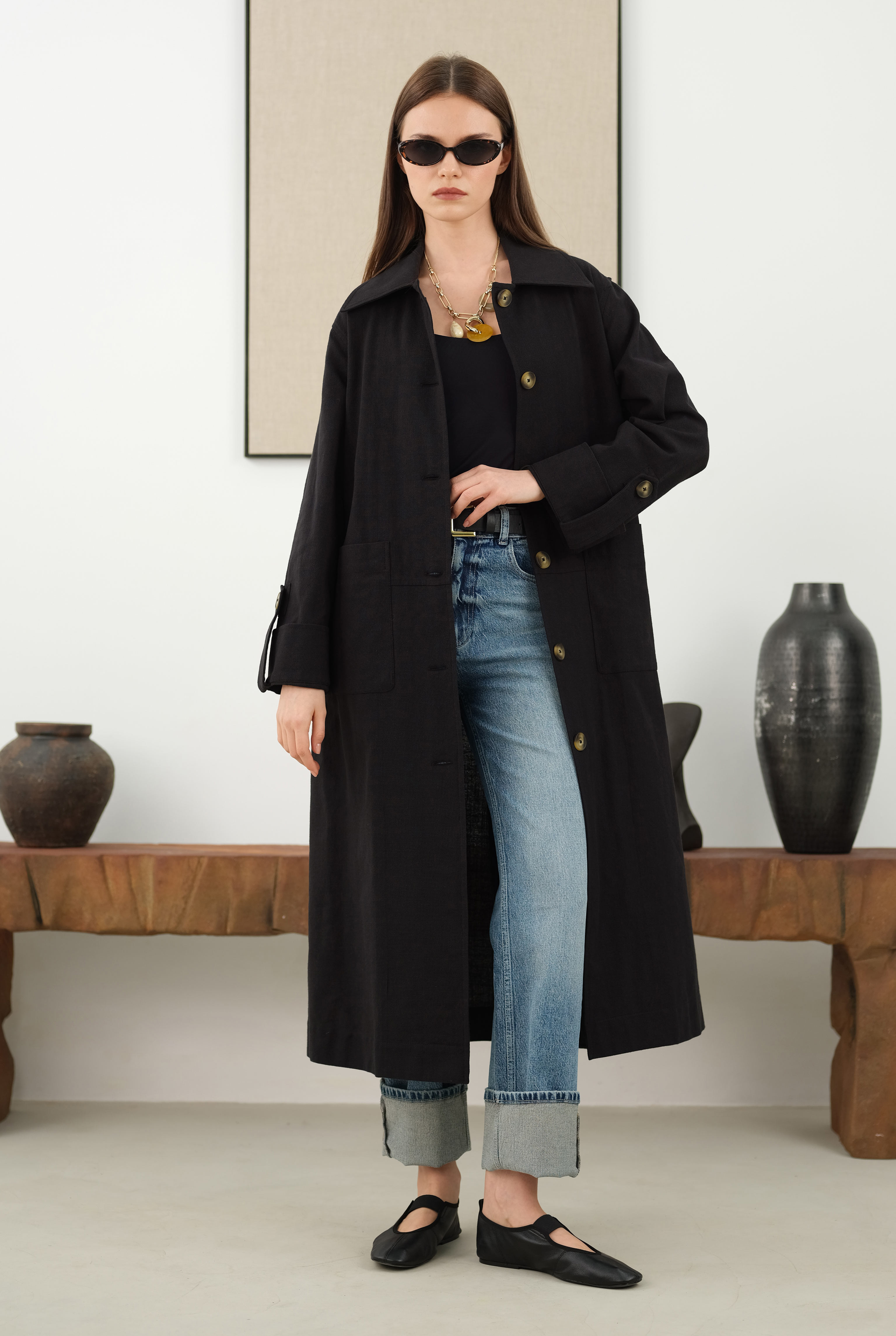 Cotton Linen Long Jacket Black - 2