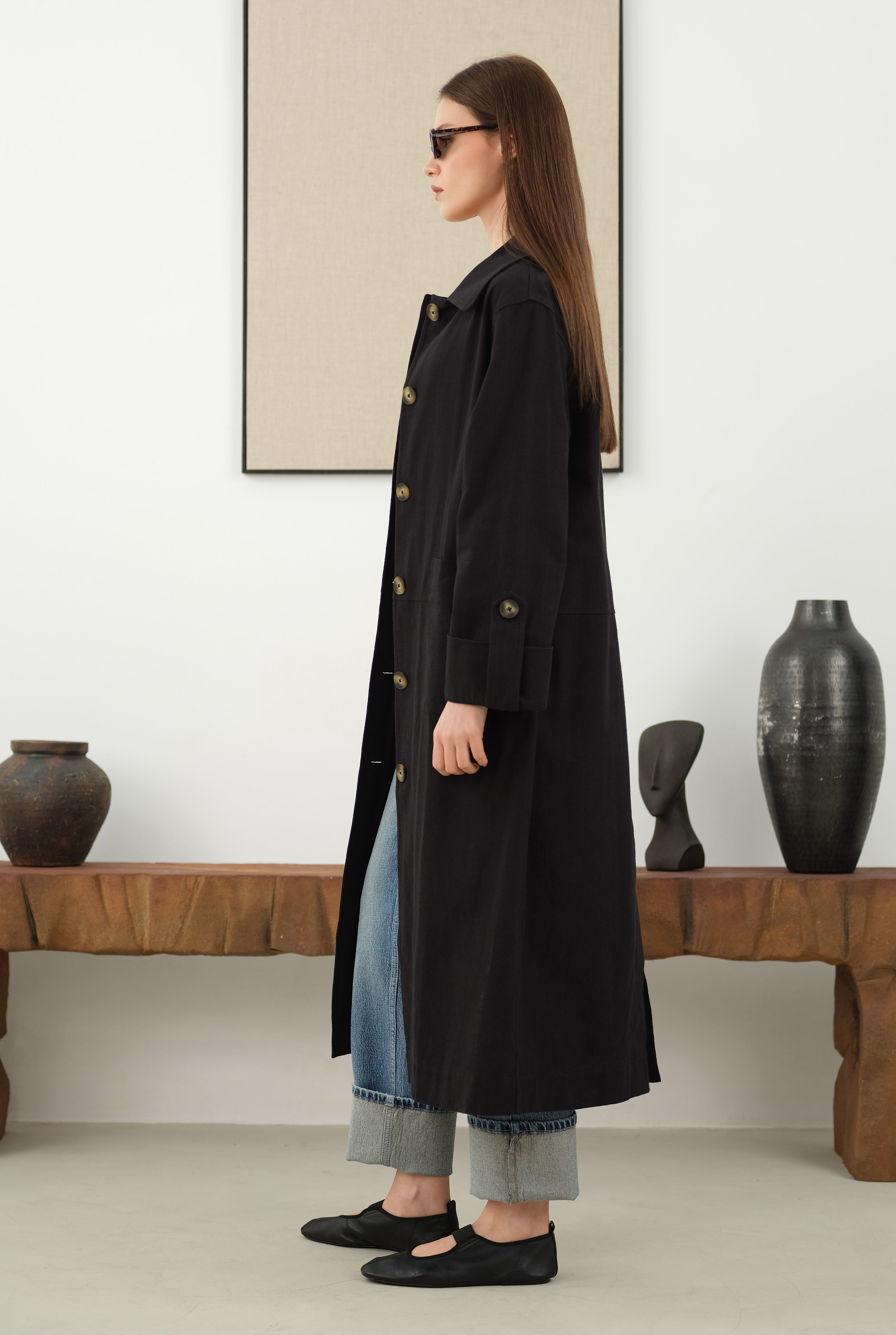 Cotton Linen Long Jacket Black - 5