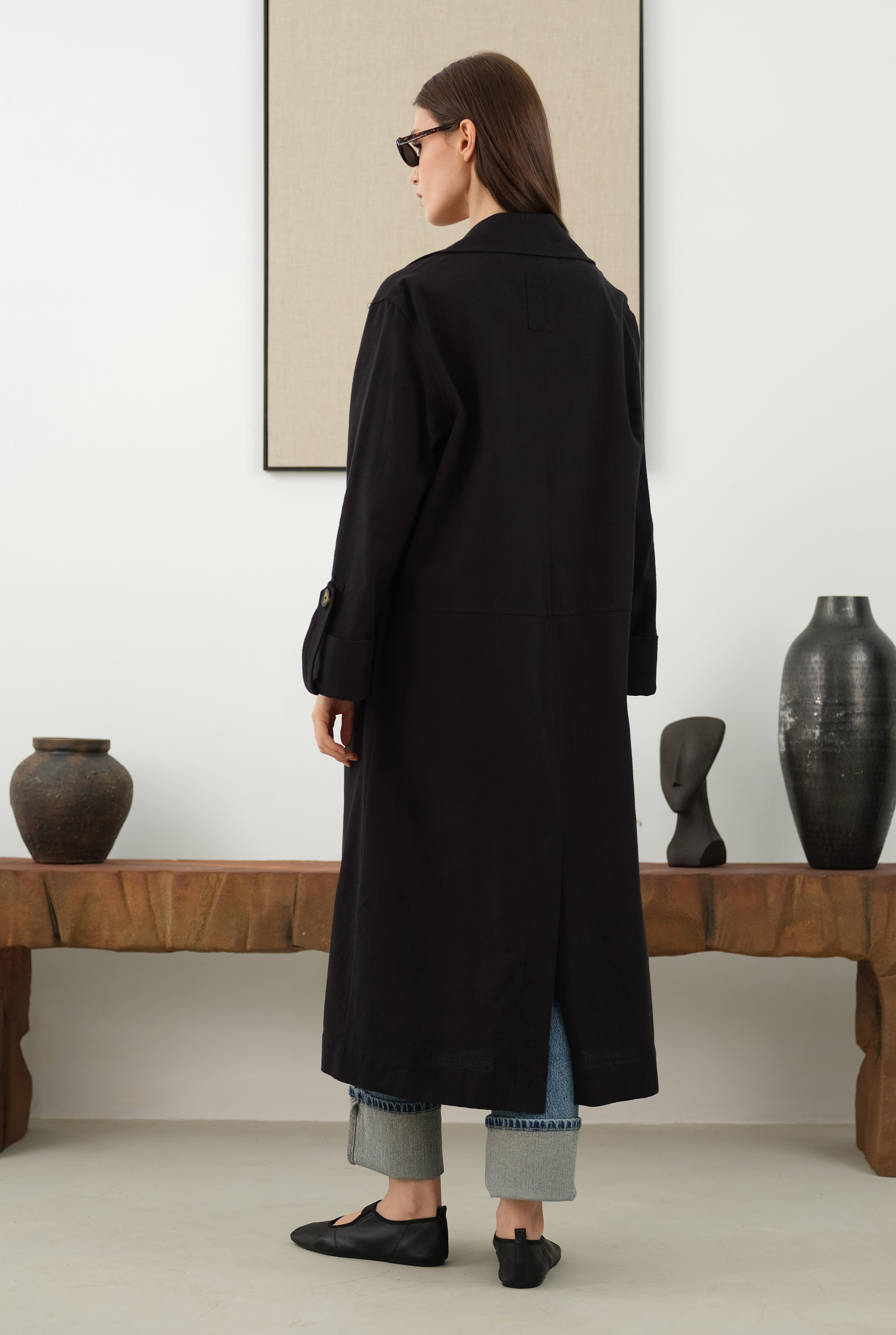 Cotton Linen Long Jacket Black - 4