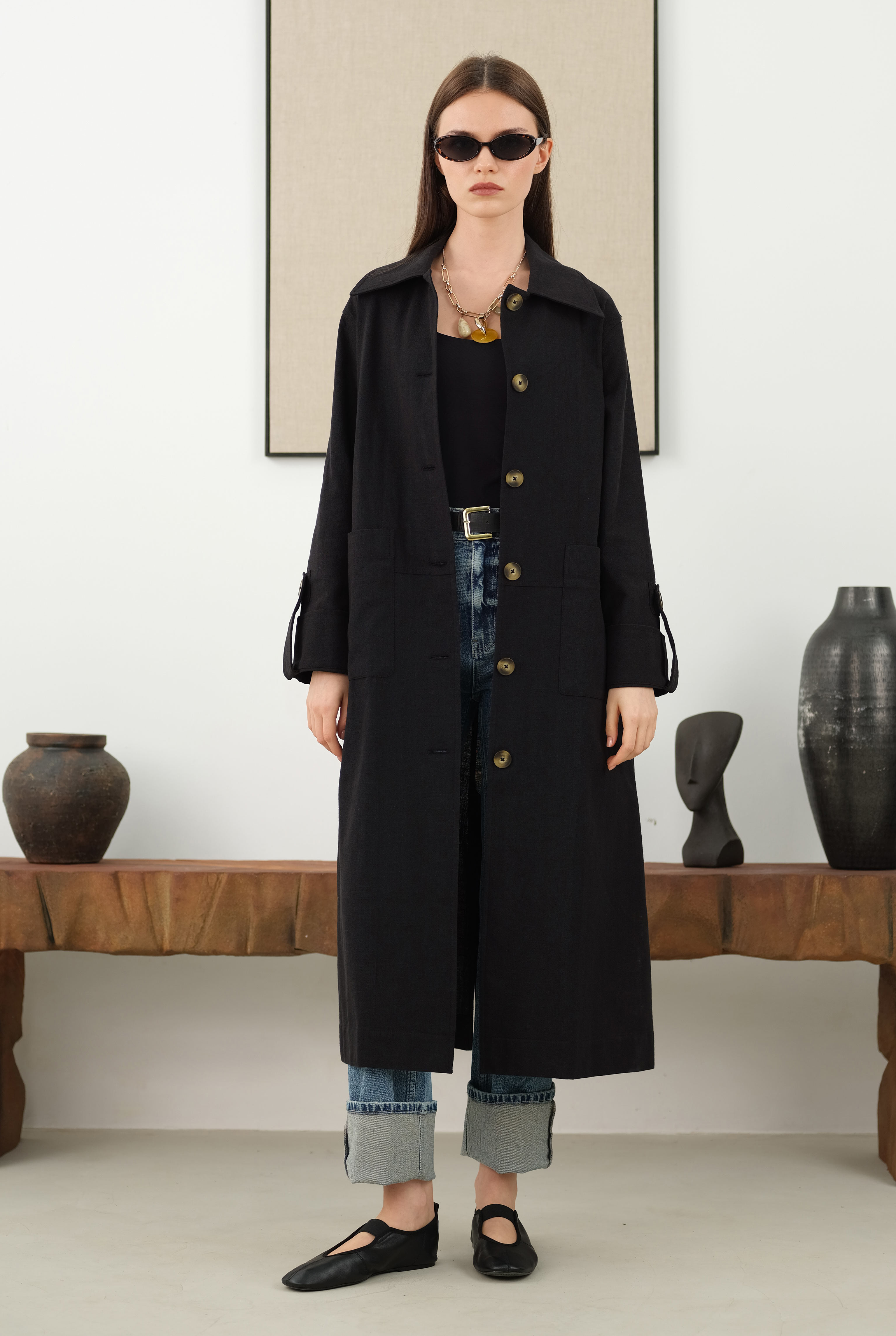 Cotton Linen Long Jacket Black - 3