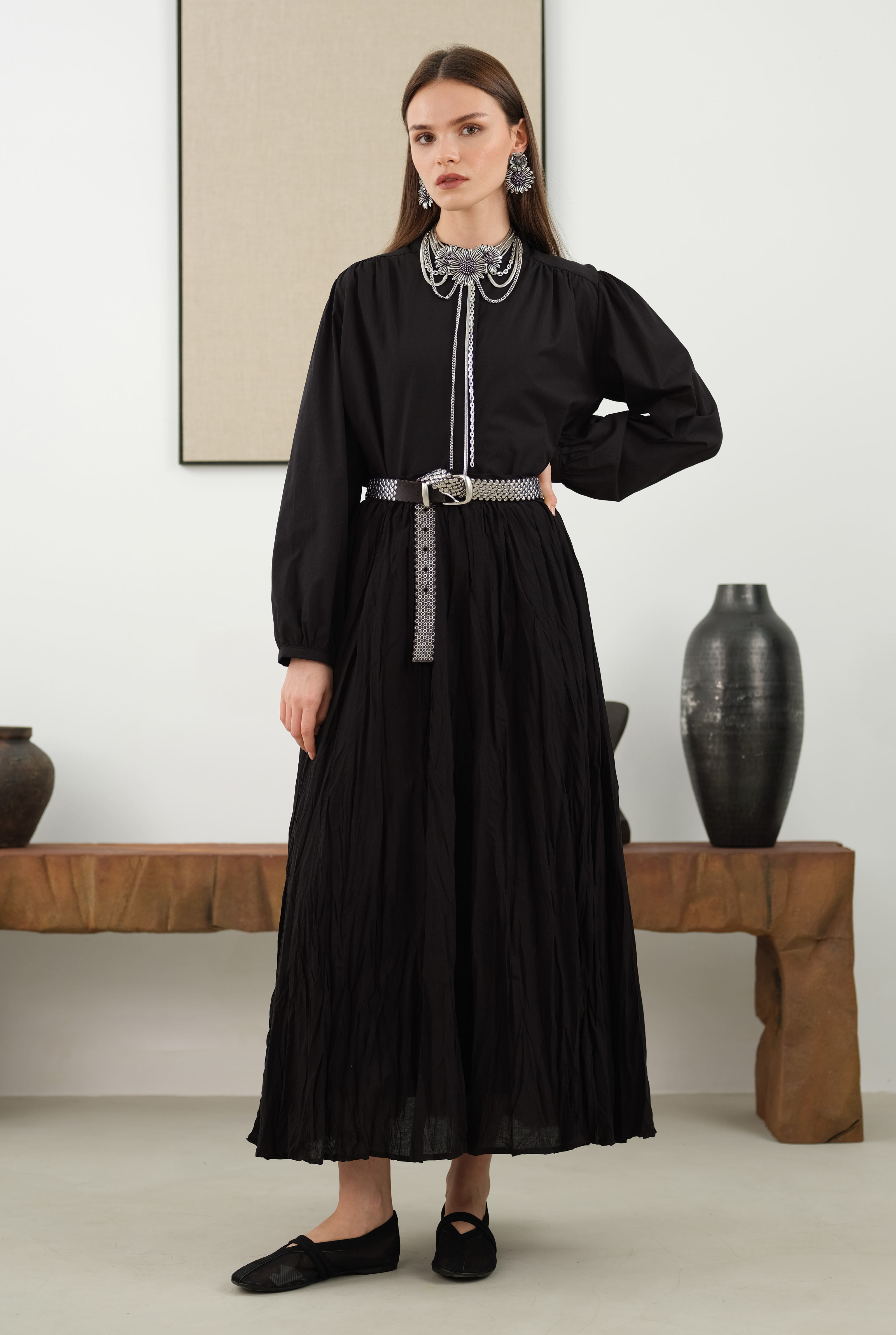 Ruched Shoulder Poplin Shirt Black - HE-QA