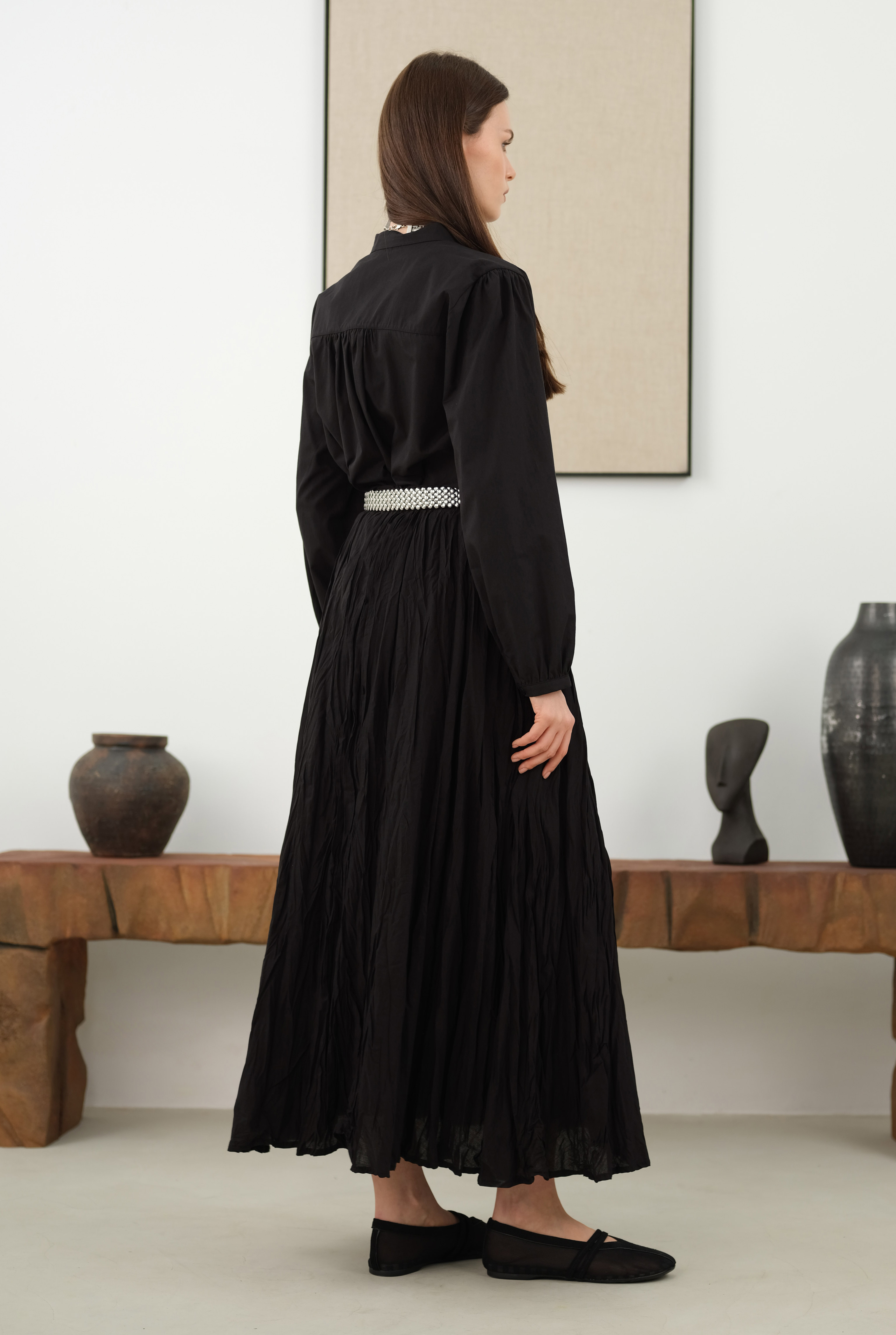 Ruched Shoulder Poplin Shirt Black - 2