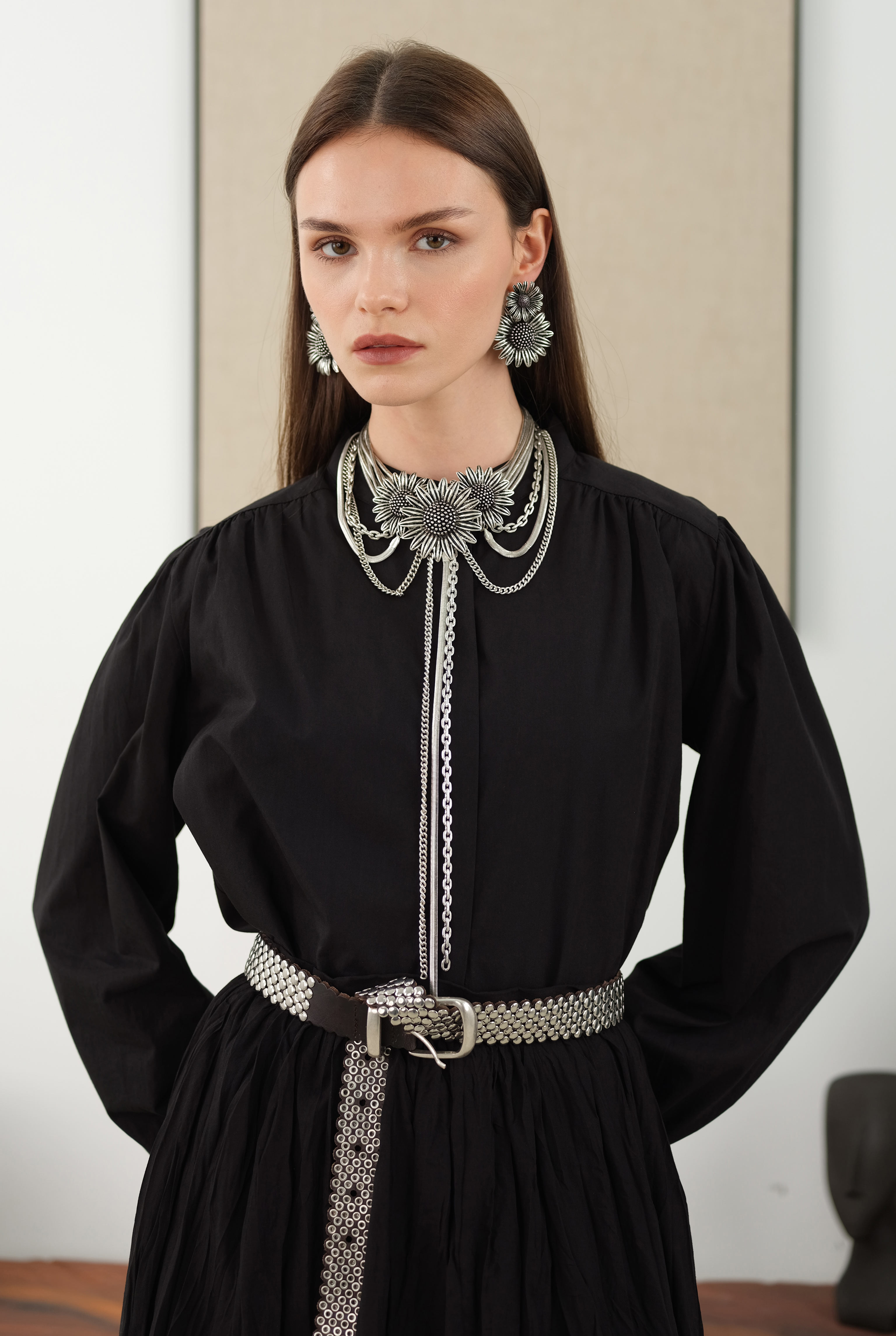 Ruched Shoulder Poplin Shirt Black - 3
