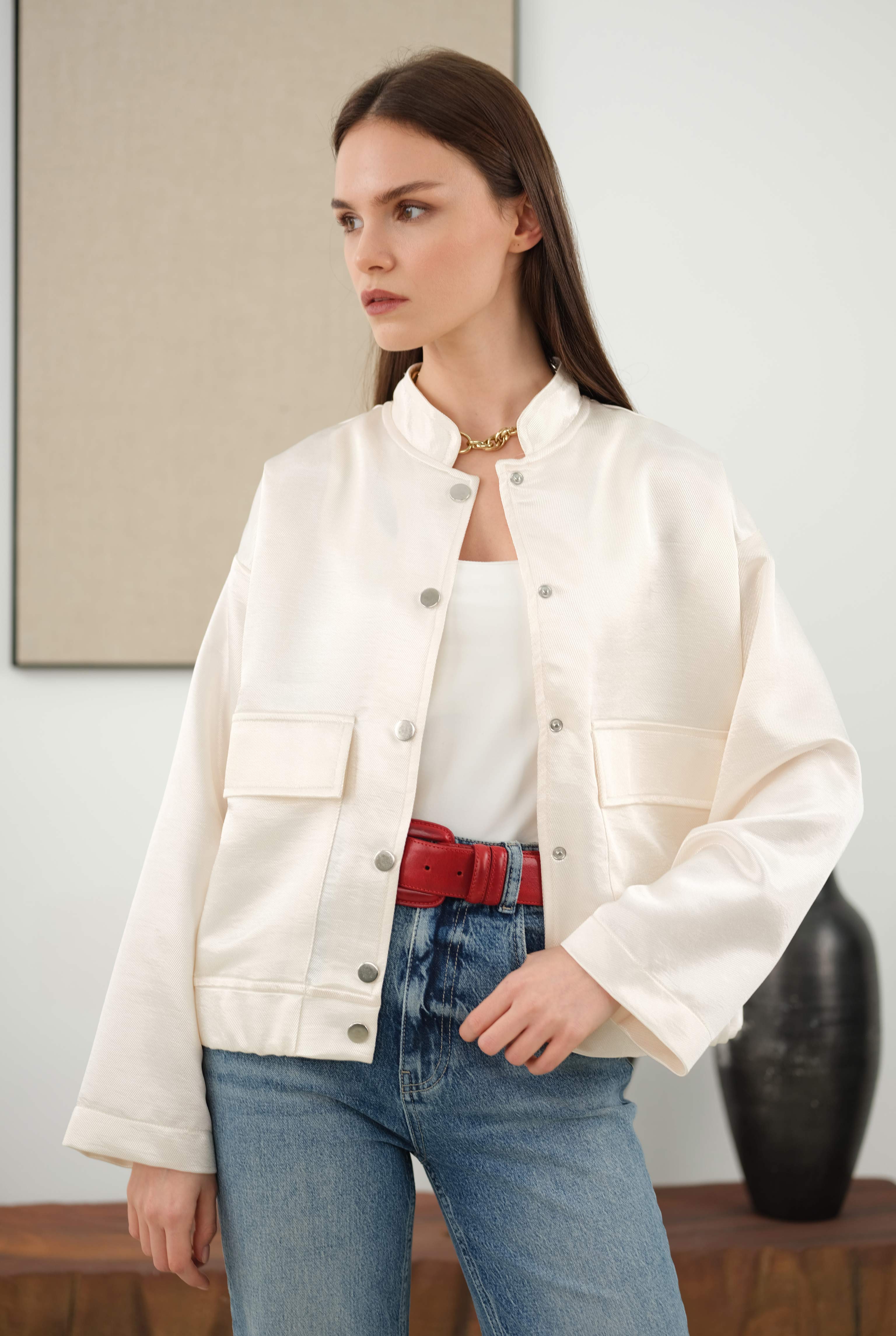 Brooch Detailed Bomber Jacket Bone - 1