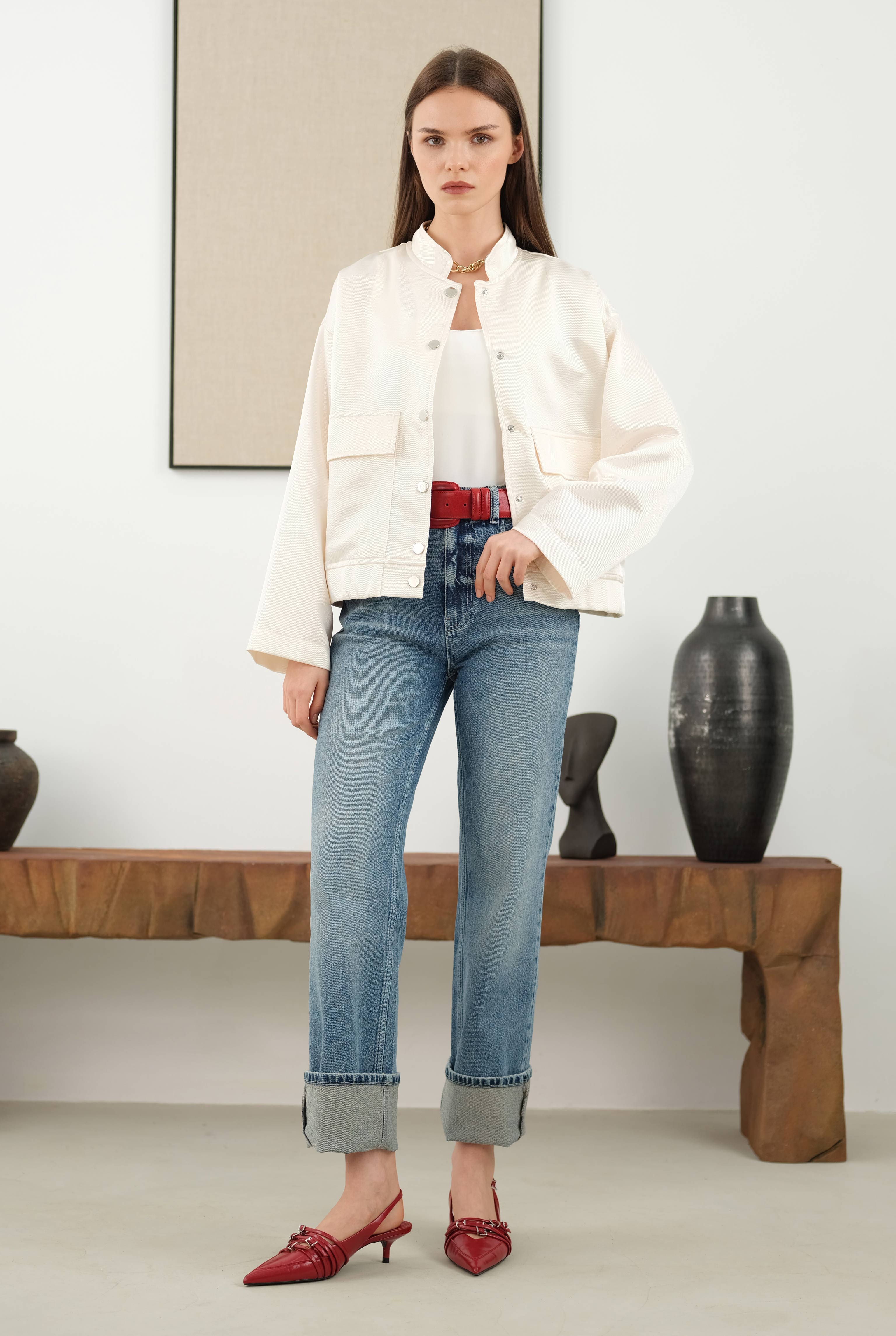 Brooch Detailed Bomber Jacket Bone - 3