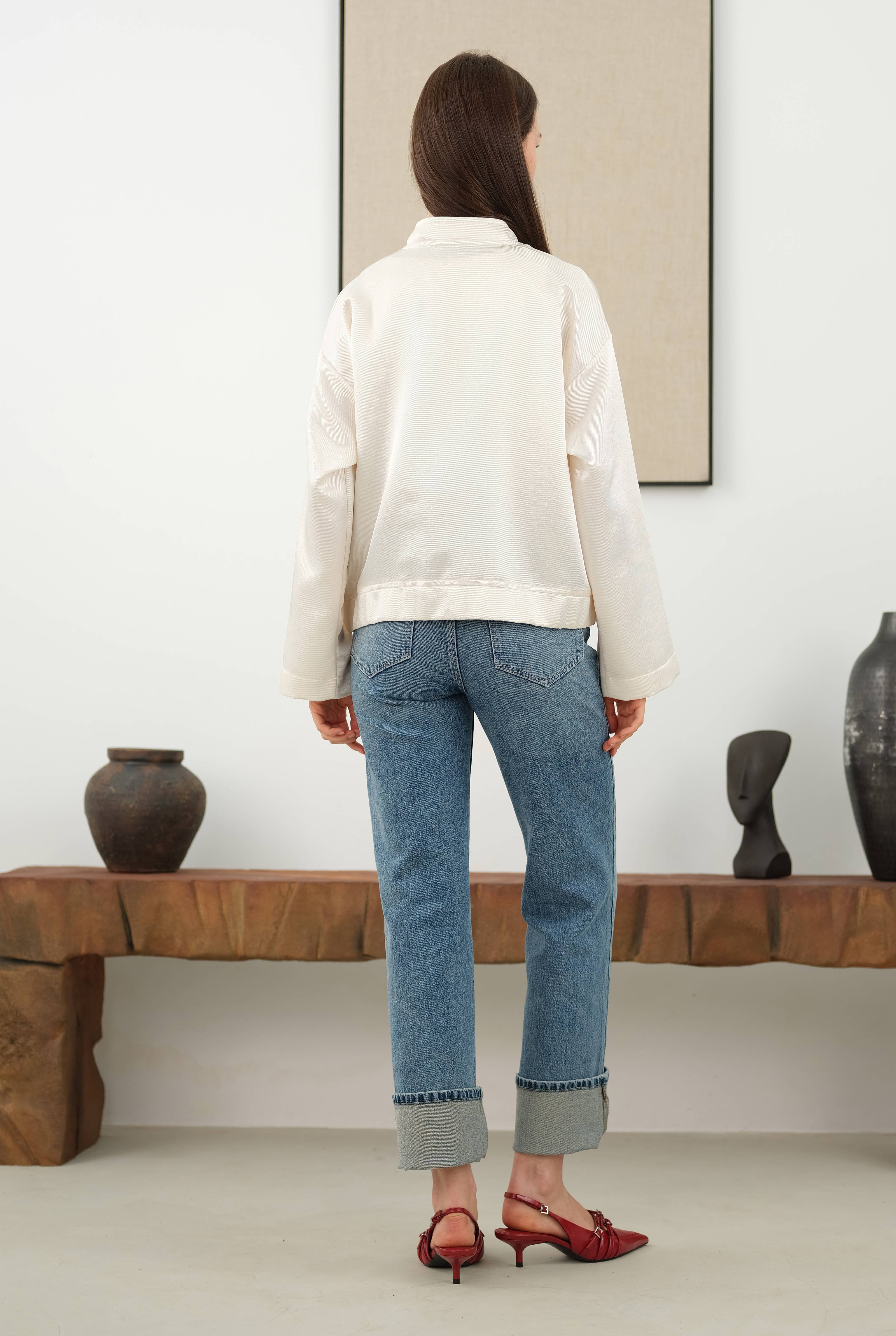 Brooch Detailed Bomber Jacket Bone - 5