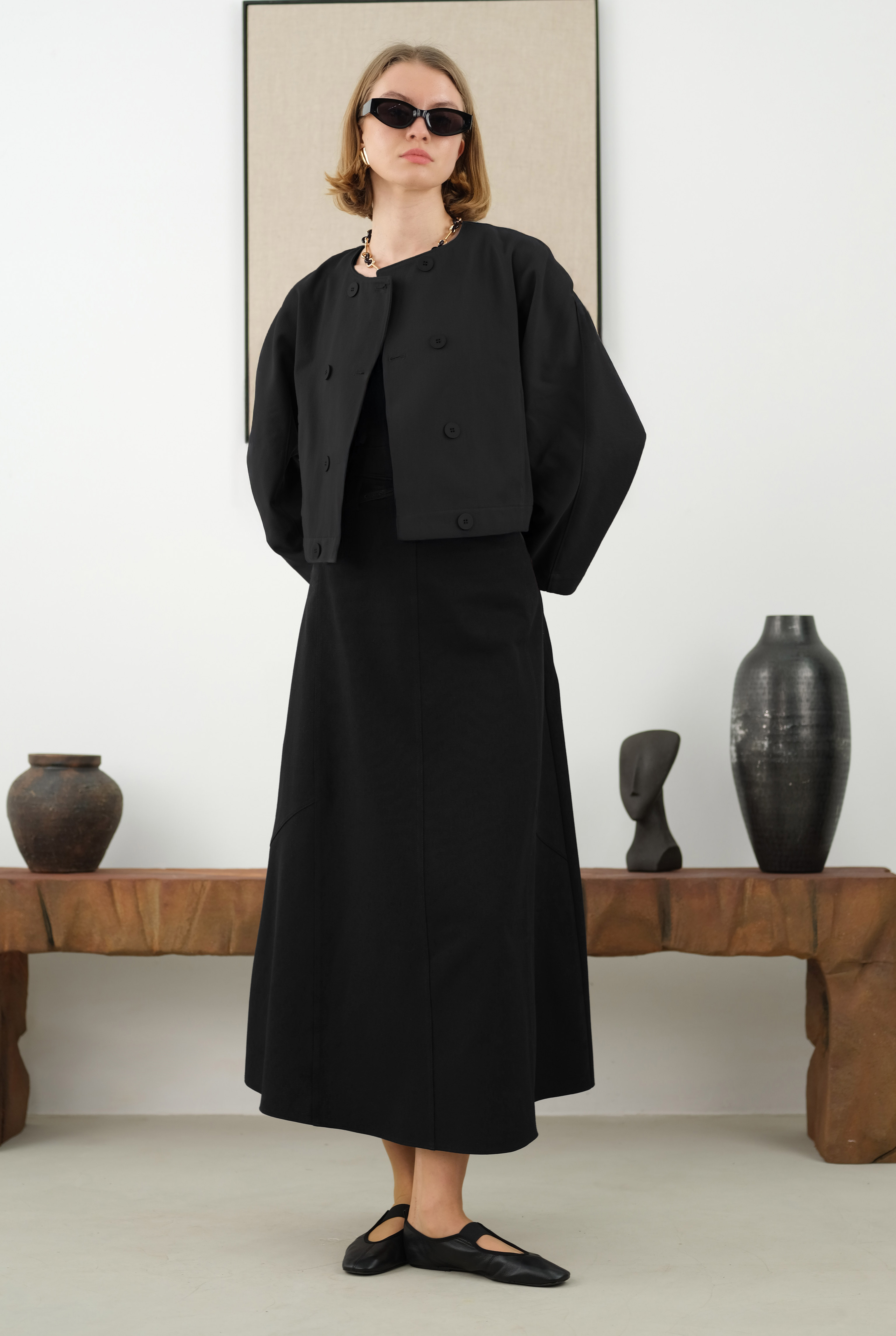 Cotton Double Breasted Jacket Black - 6