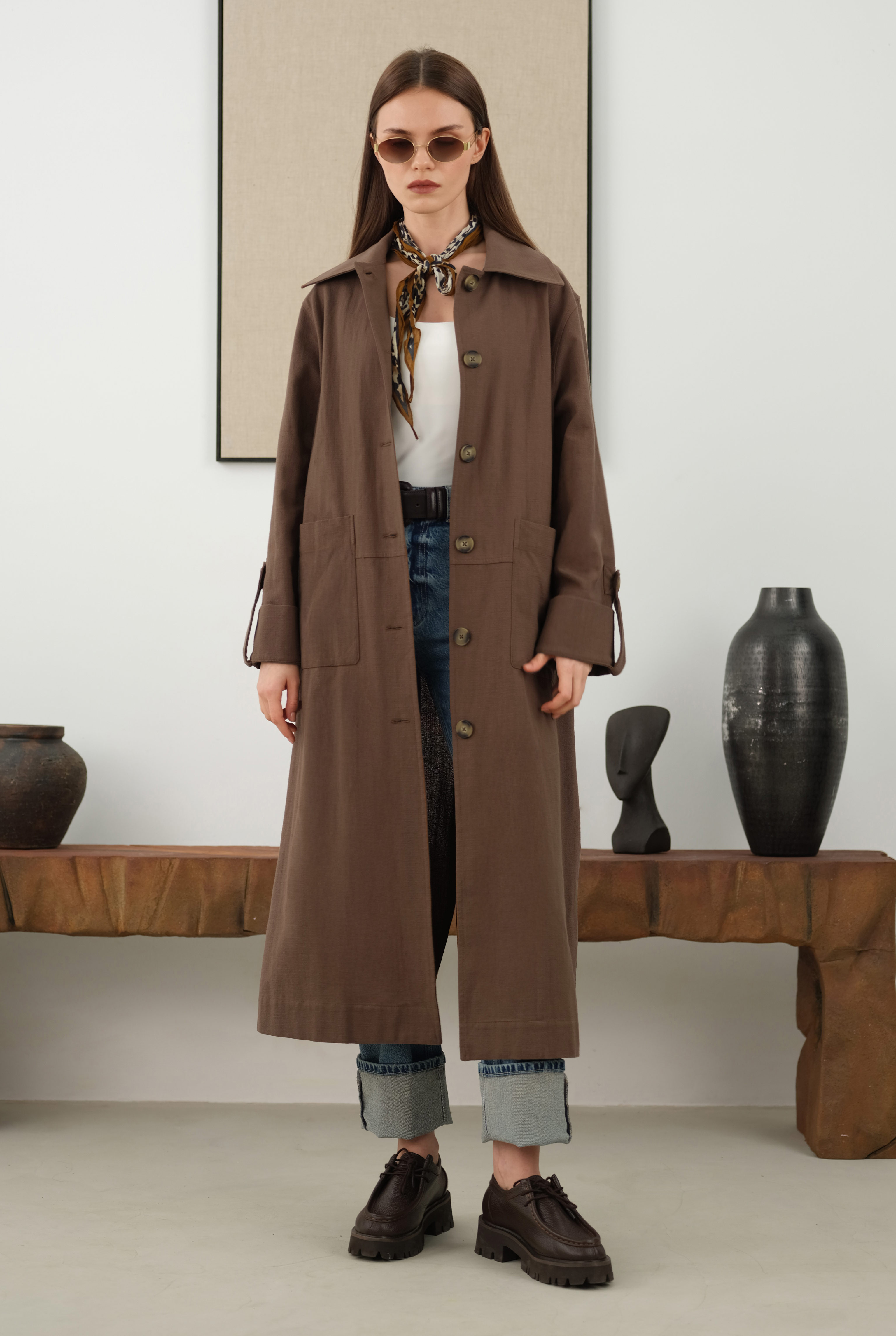 Cotton Linen Long Jacket Hazelnut - 2