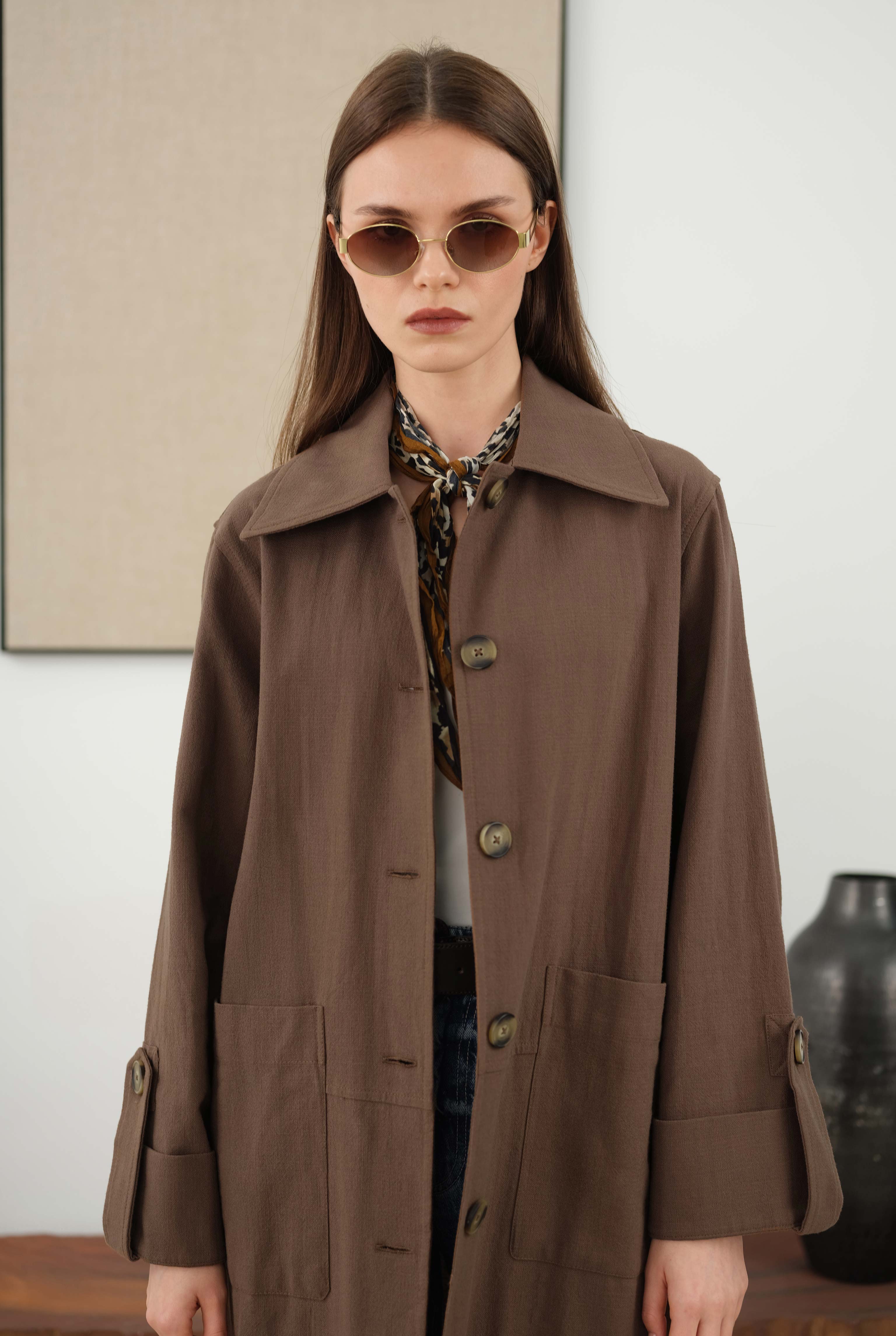 Cotton Linen Long Jacket Hazelnut - 3