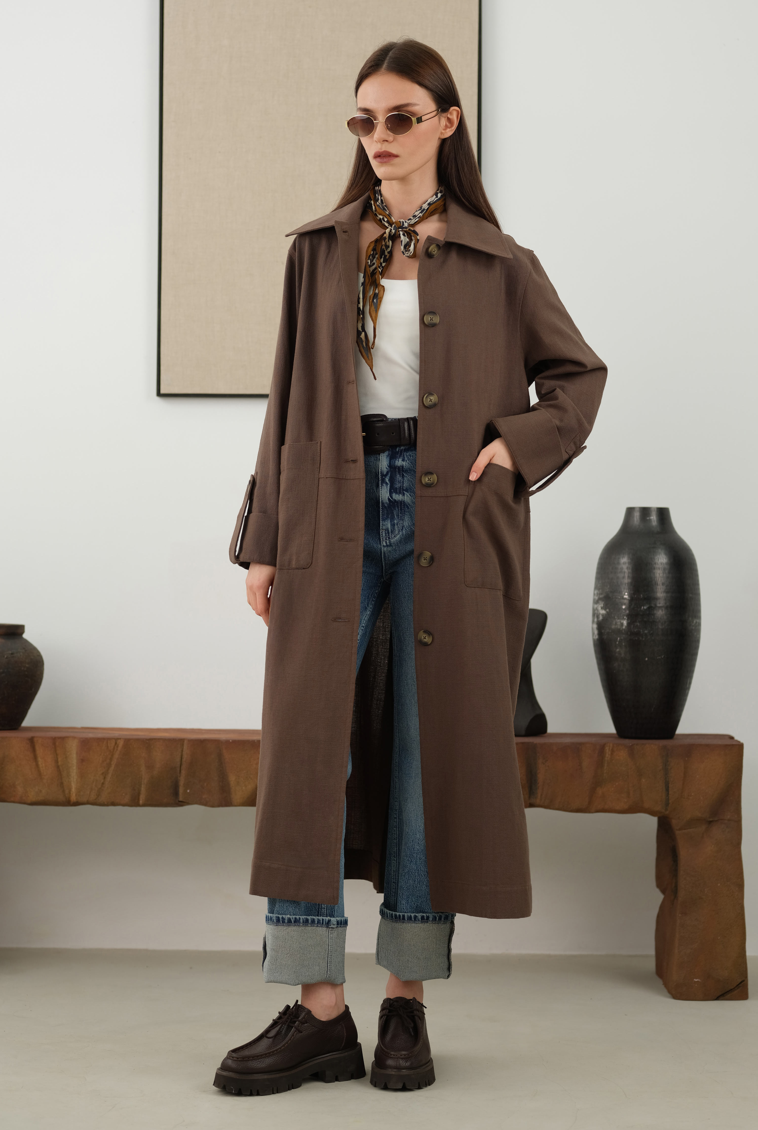 Cotton Linen Long Jacket Hazelnut - HE-QA