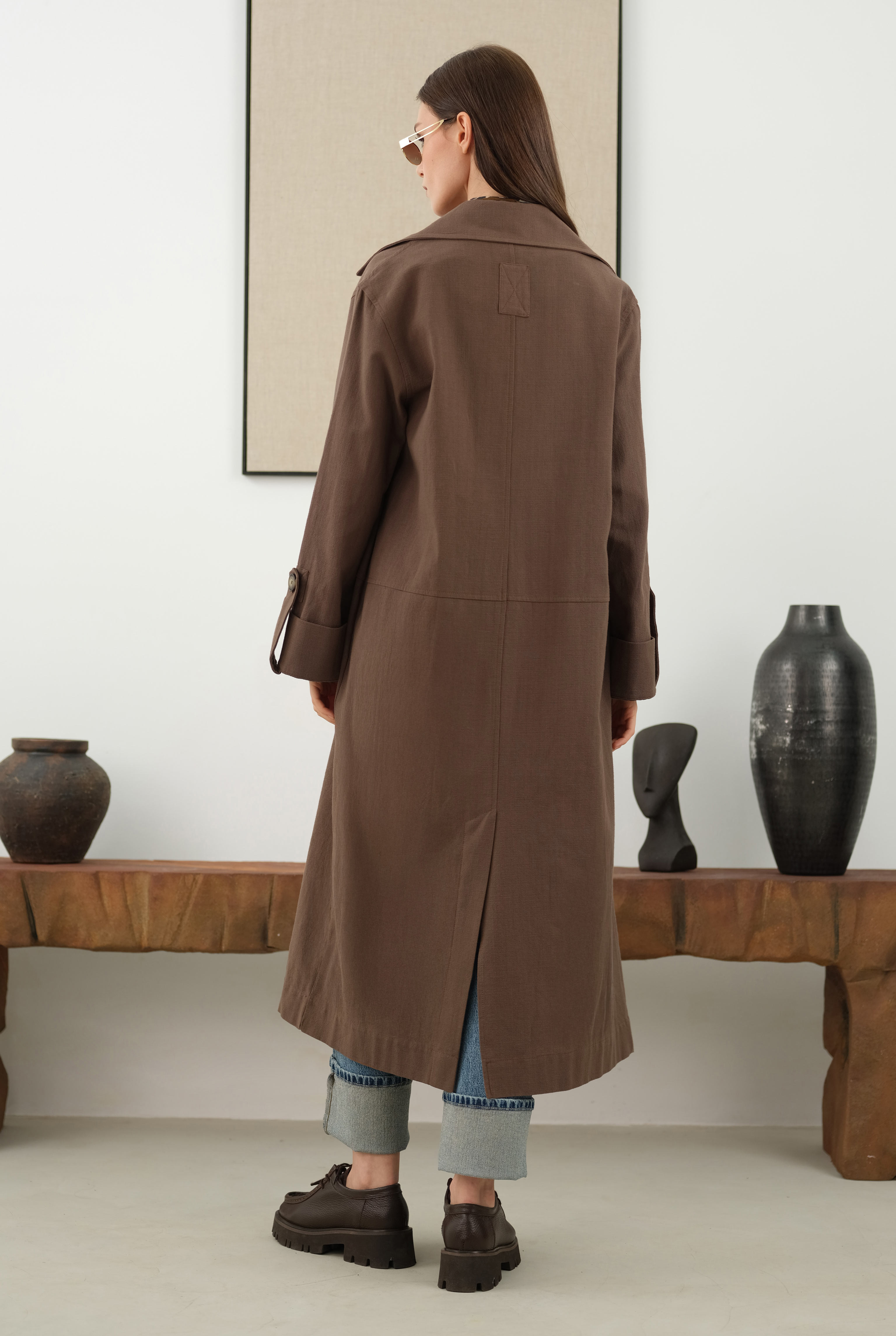 Cotton Linen Long Jacket Hazelnut - 5