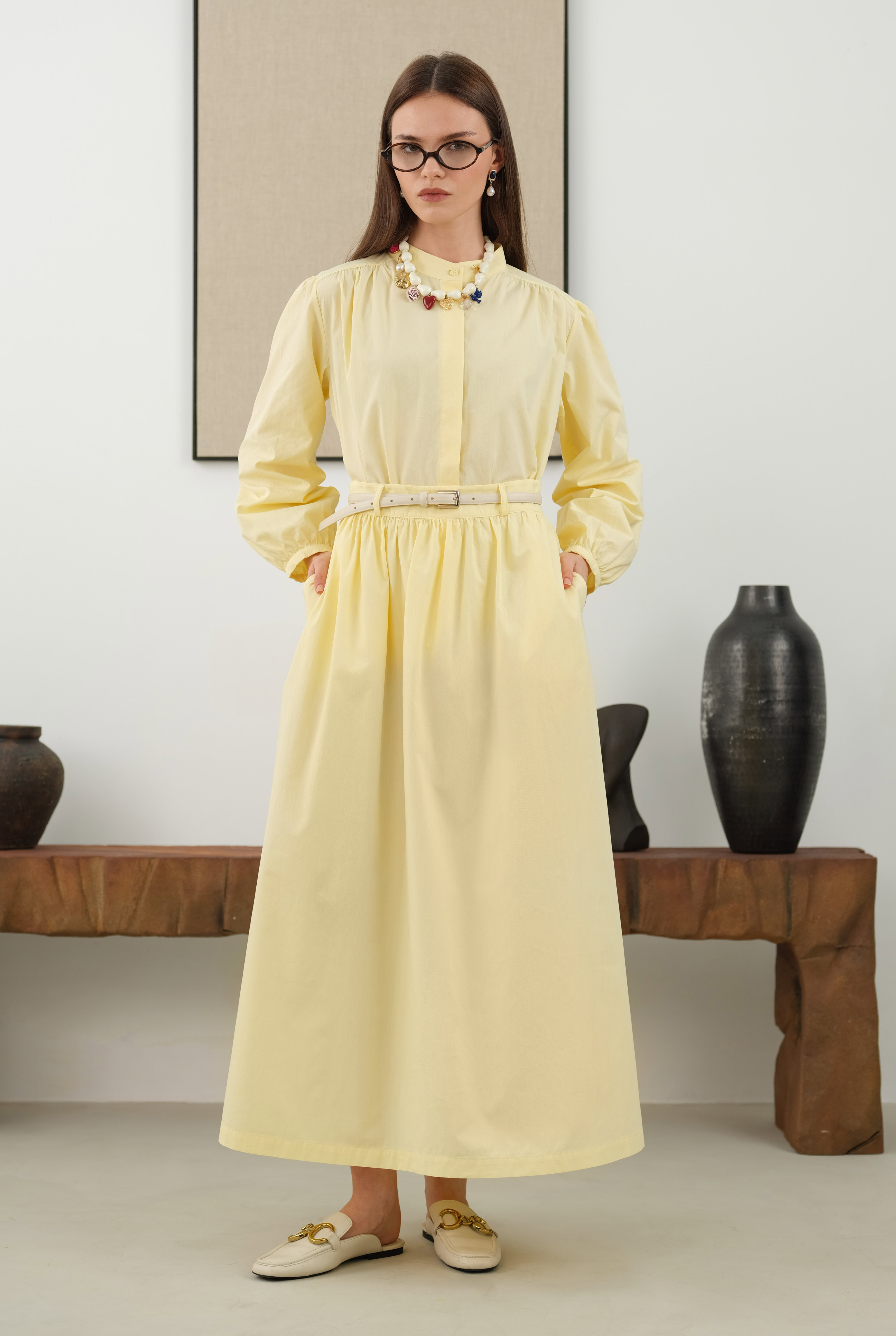 Gathered Cotton Skirt Soft Yellow - 2