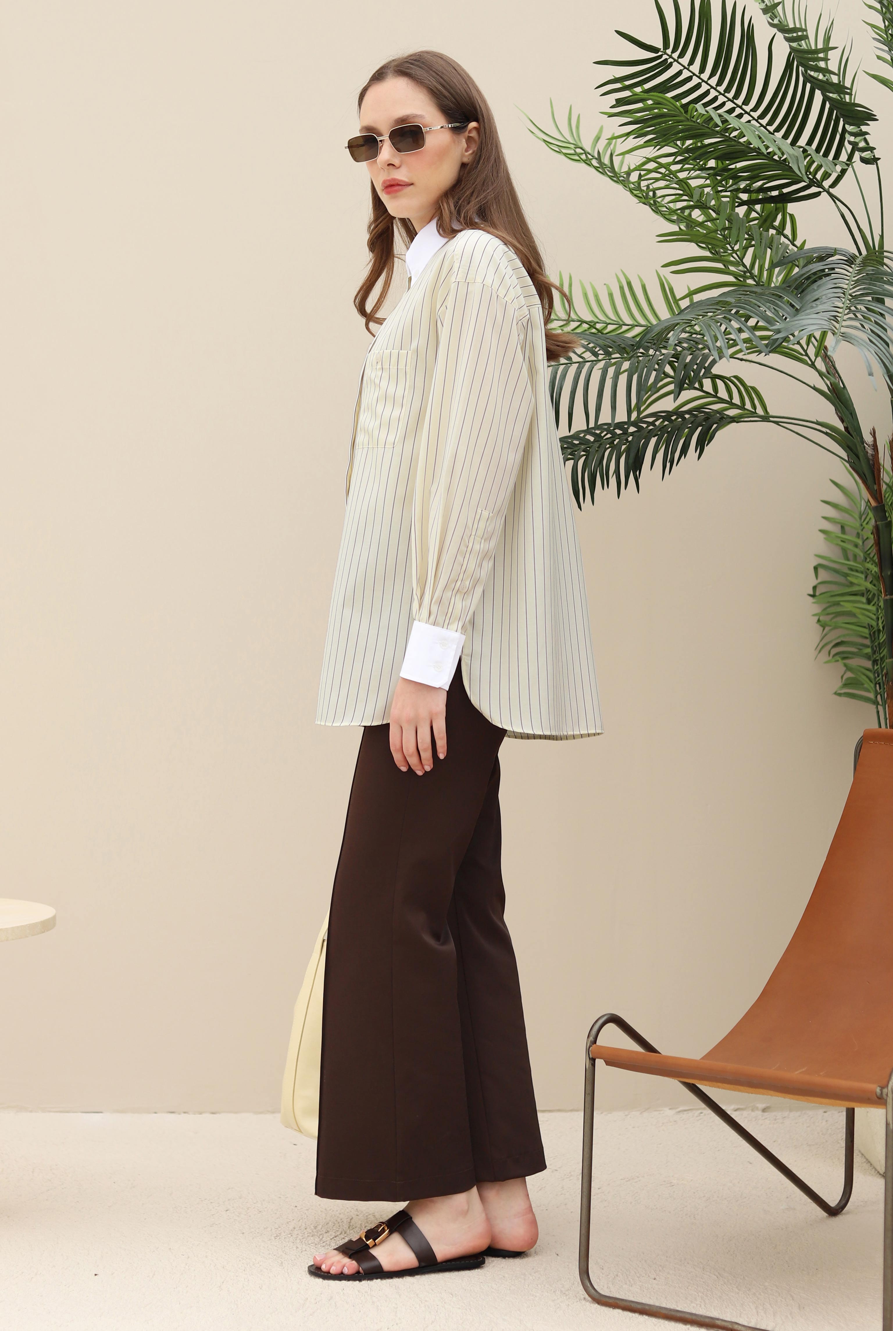 Shirt With Contrast Collar And Cuffs Soft Yellow - 2