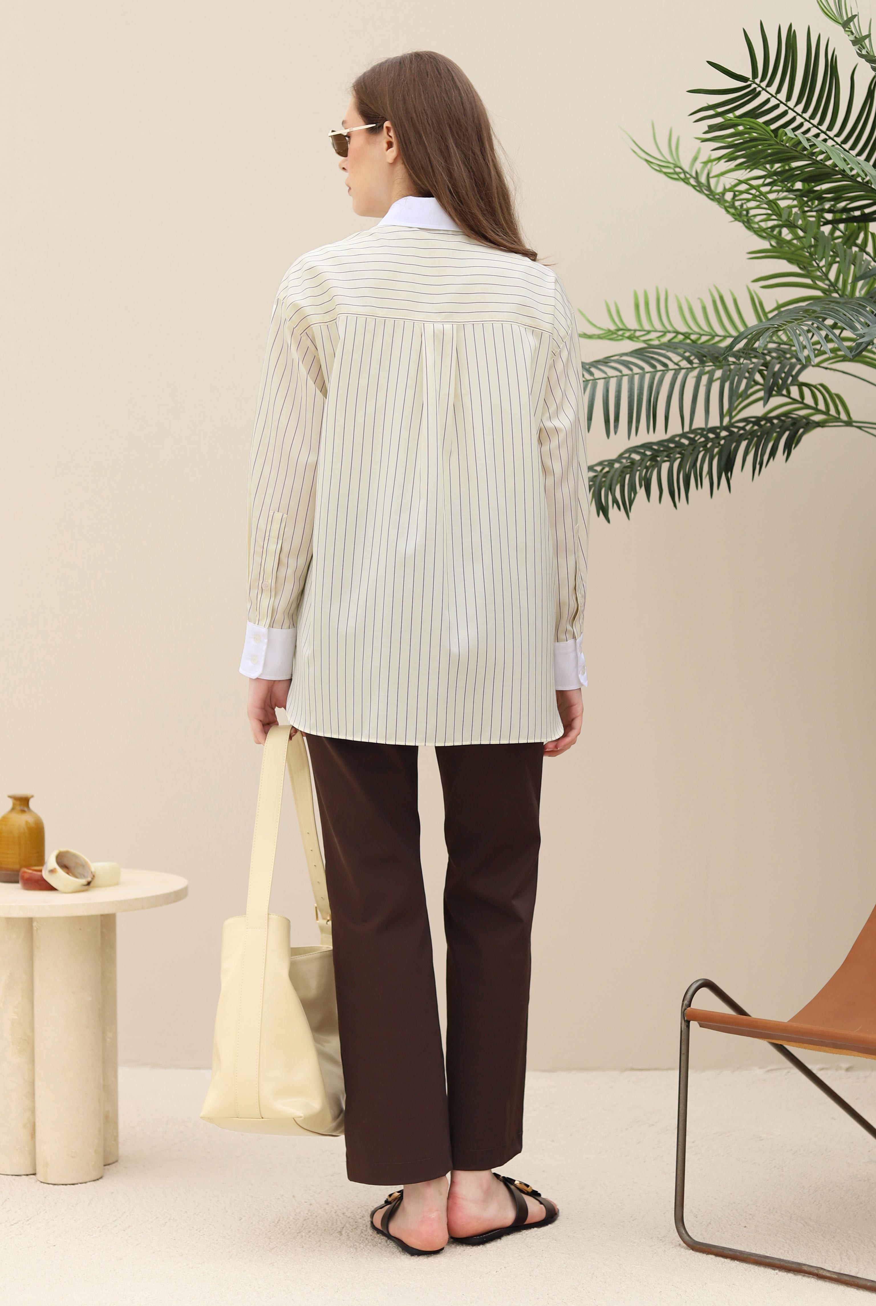 Shirt With Contrast Collar And Cuffs Soft Yellow - 3