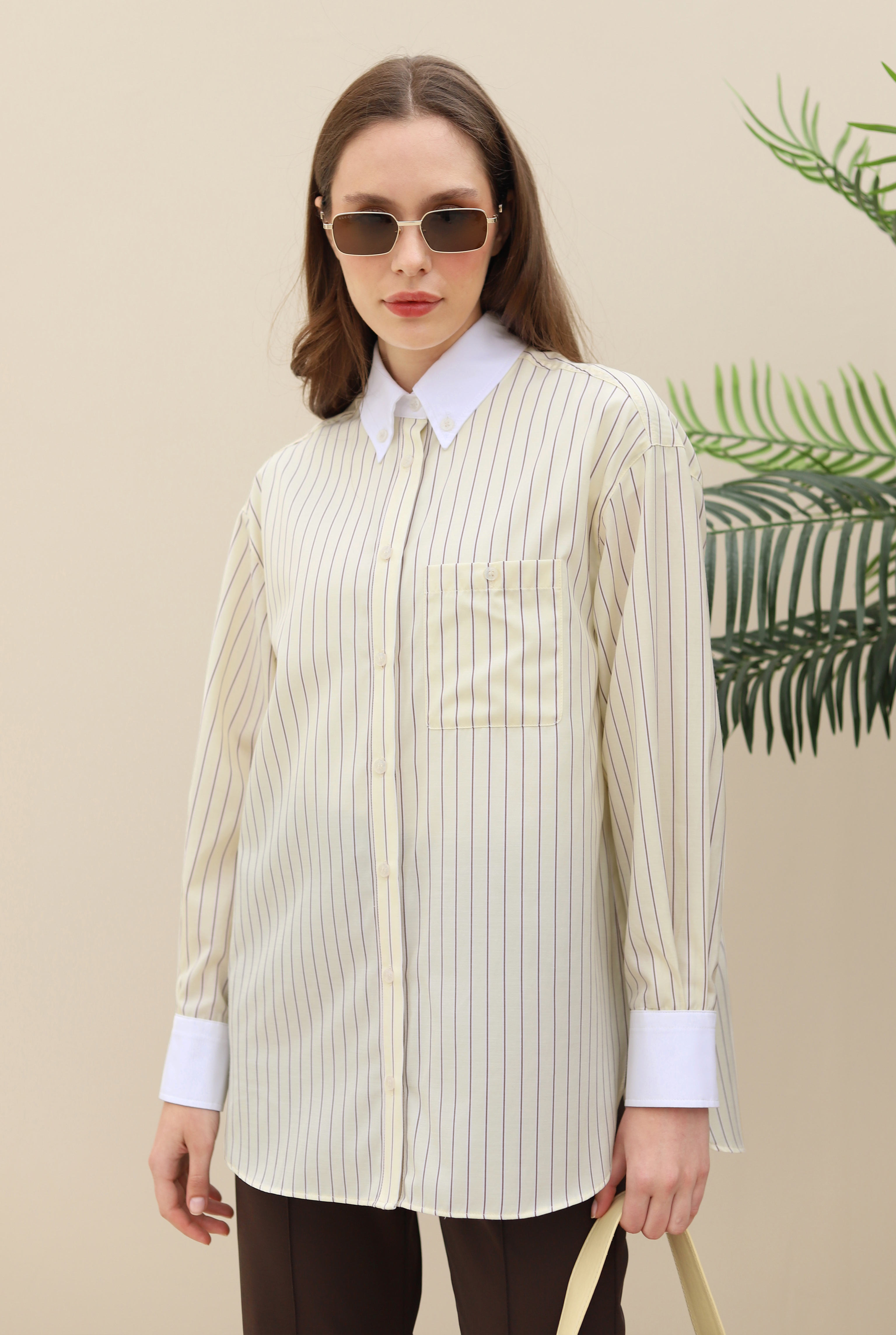 Shirt With Contrast Collar And Cuffs Soft Yellow - 4