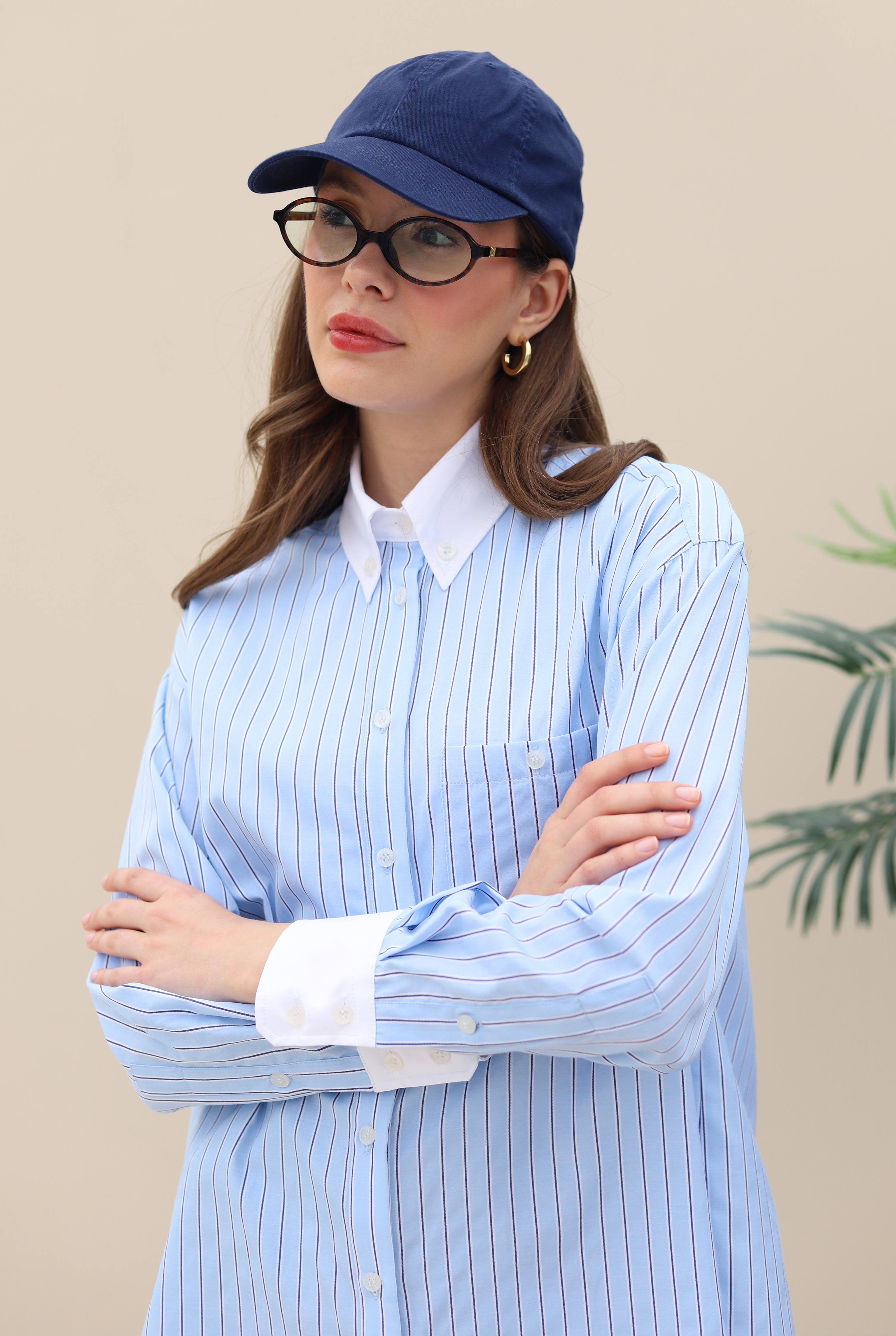 Shirt With Contrast Collar And Cuffs Blue - 4