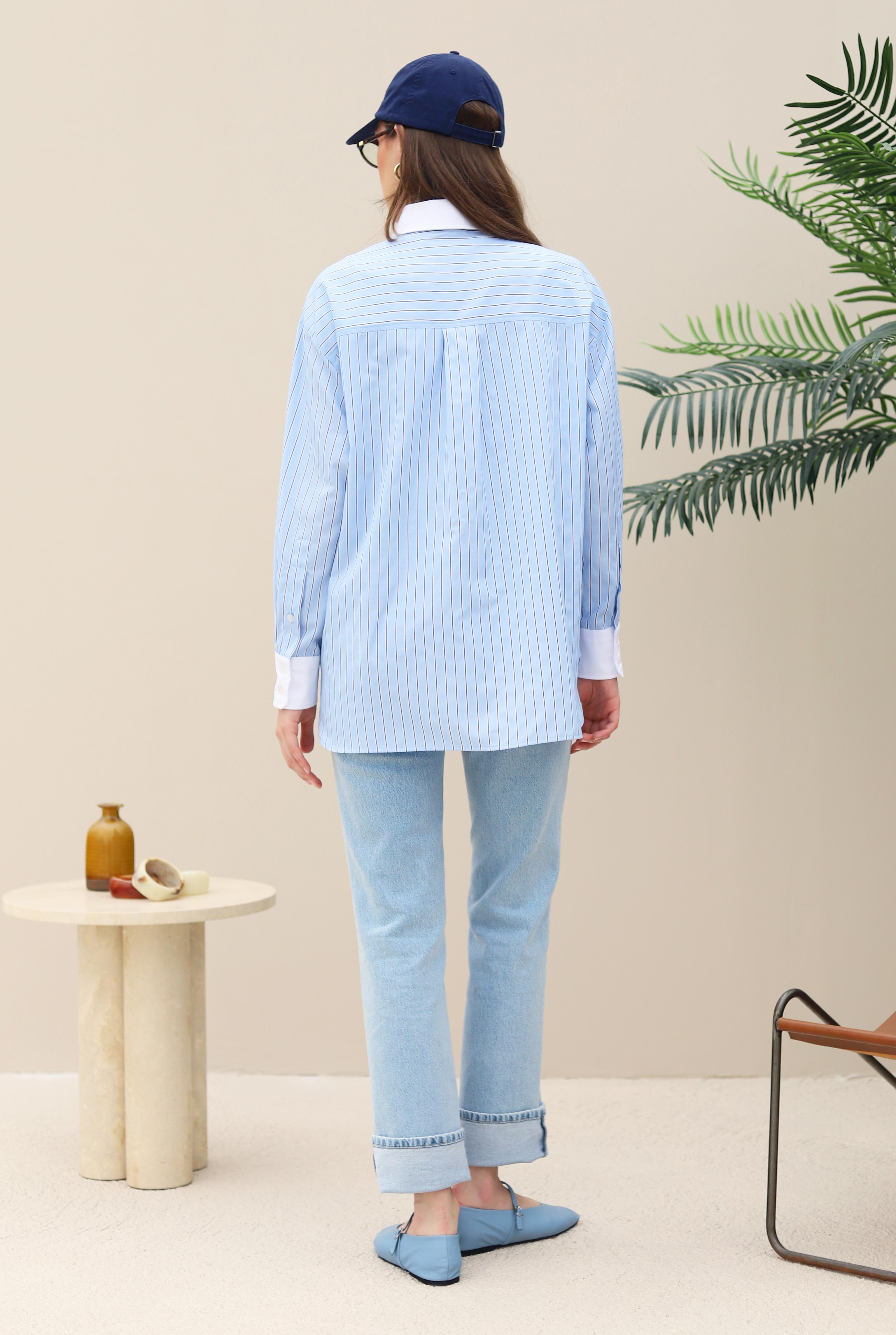 Shirt With Contrast Collar And Cuffs Blue - 6