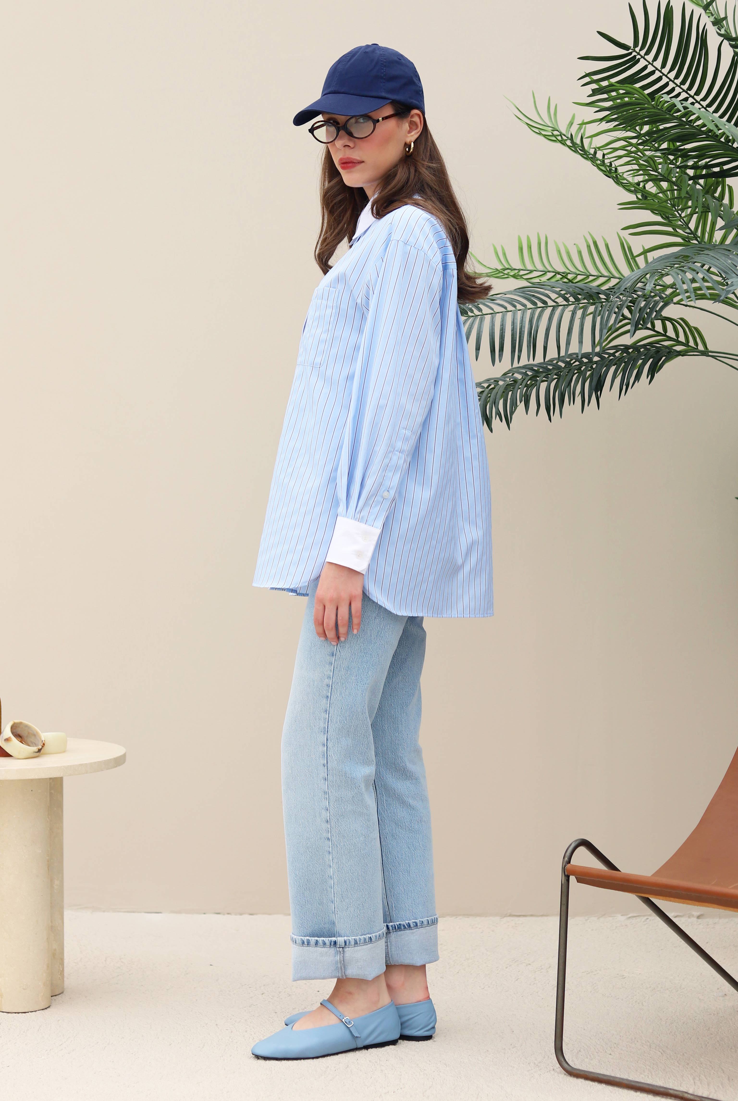 Shirt With Contrast Collar And Cuffs Blue - 7