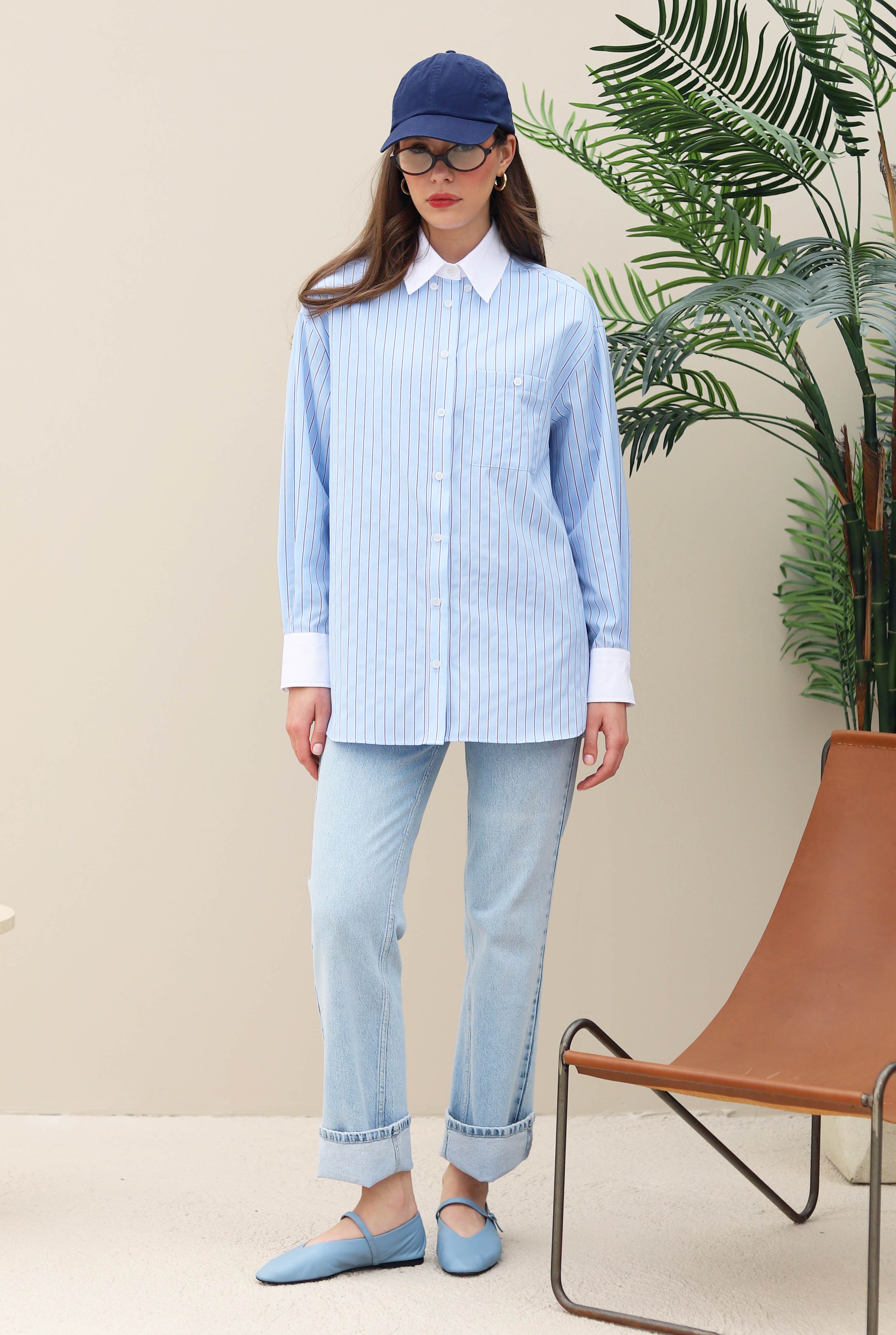 Shirt With Contrast Collar And Cuffs Blue - 3