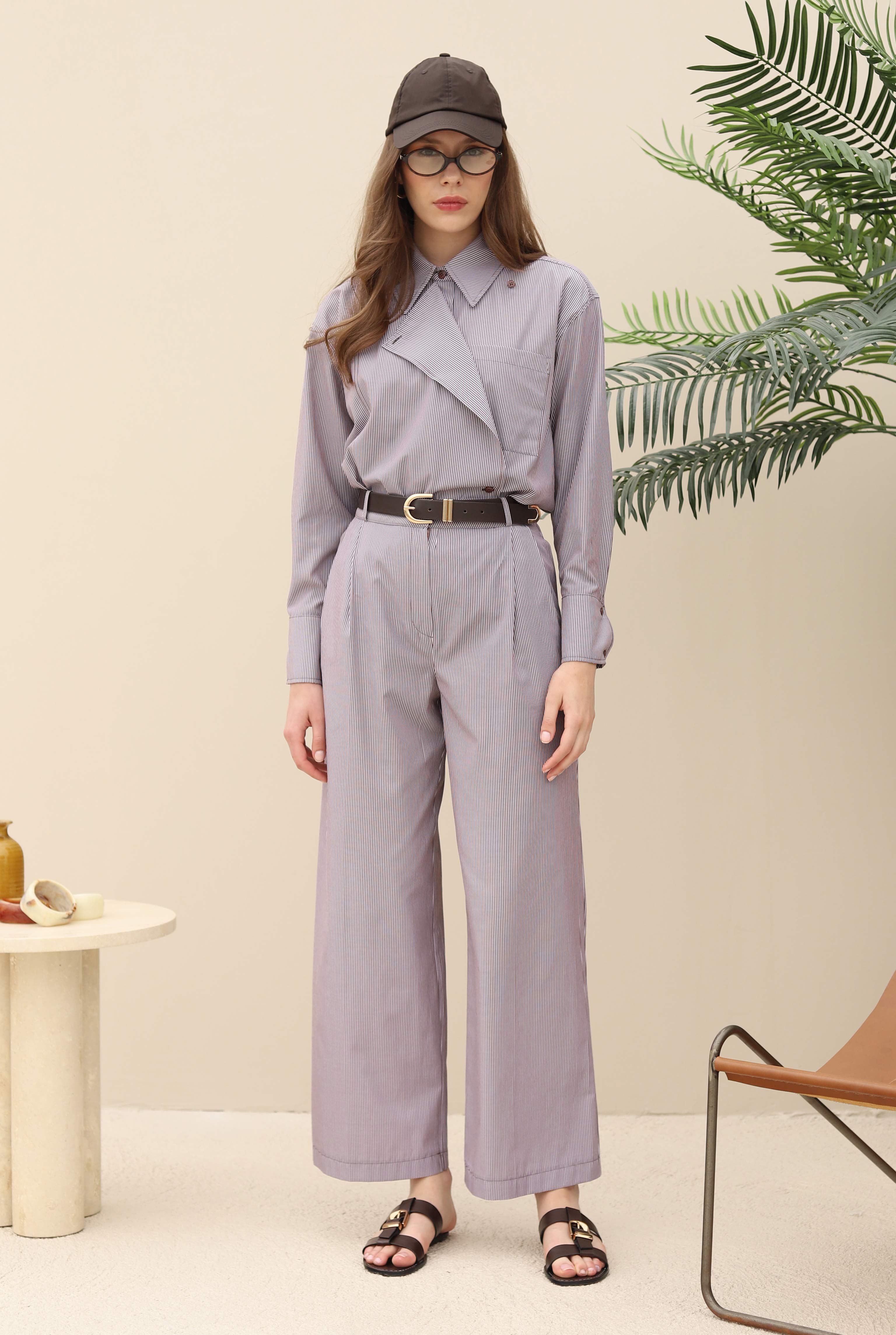 Striped Wide Leg Trousers Brown - 2
