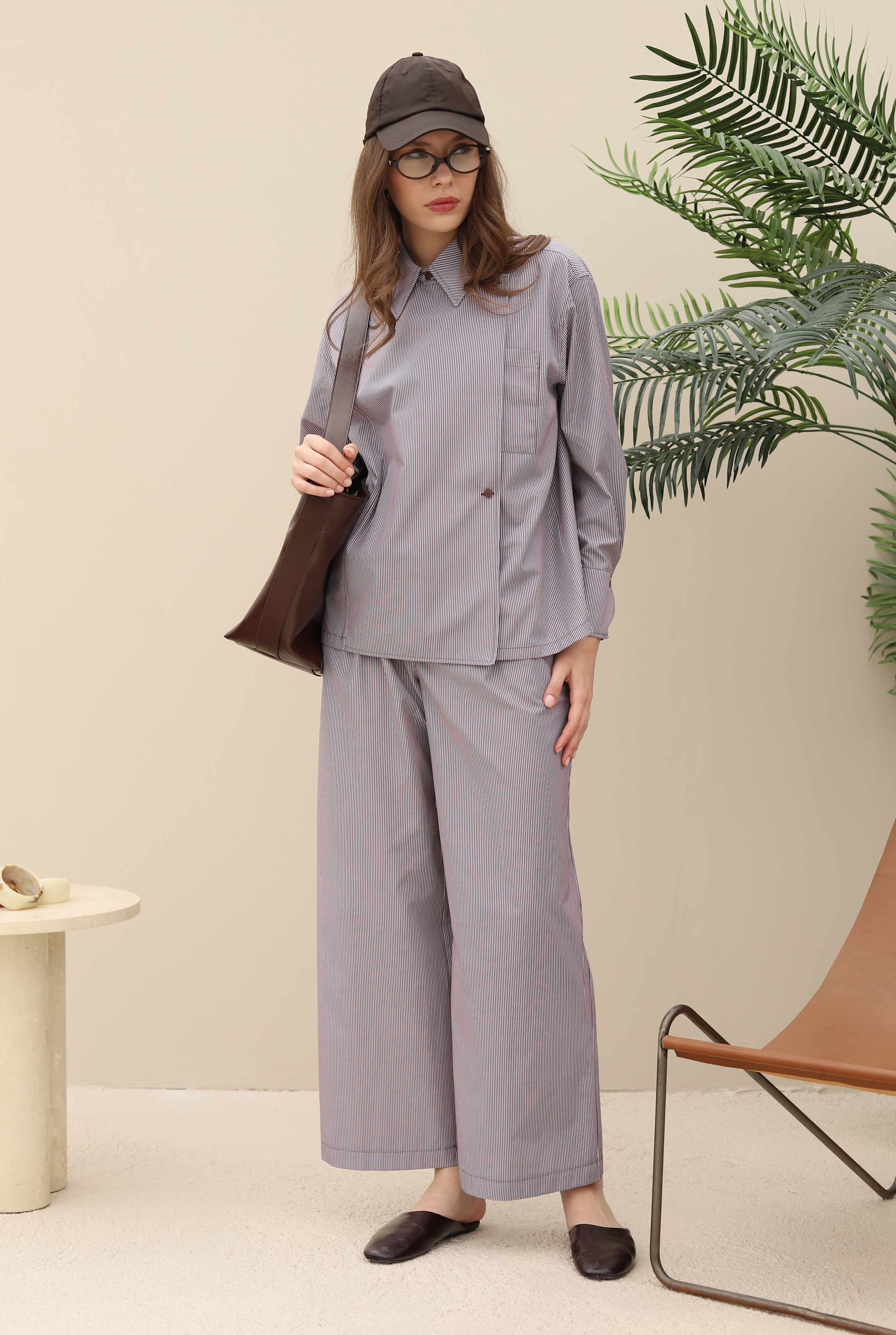 Striped Wide Leg Trousers Brown - 4