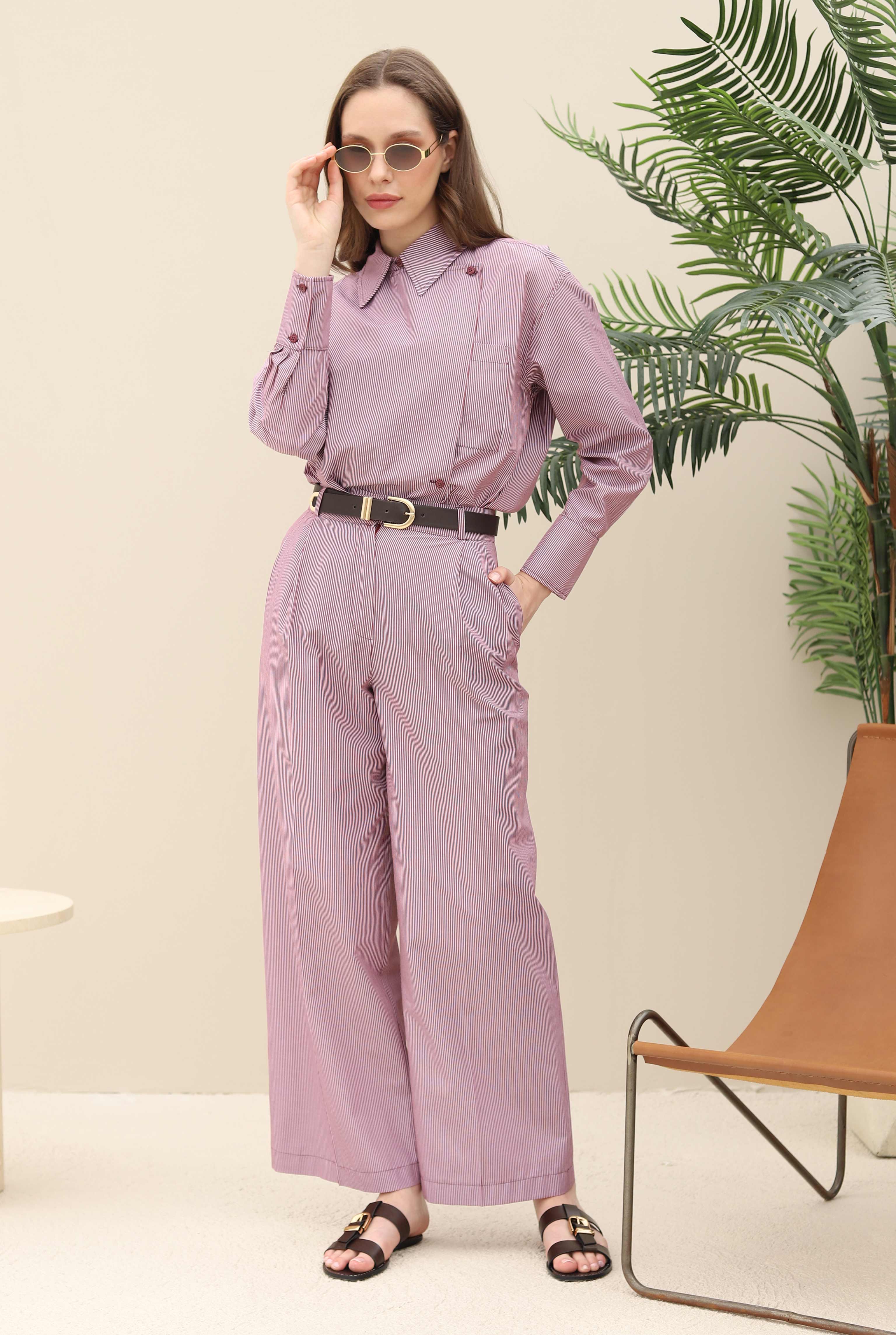 Striped Wide Leg Trousers Bordeaux - 2