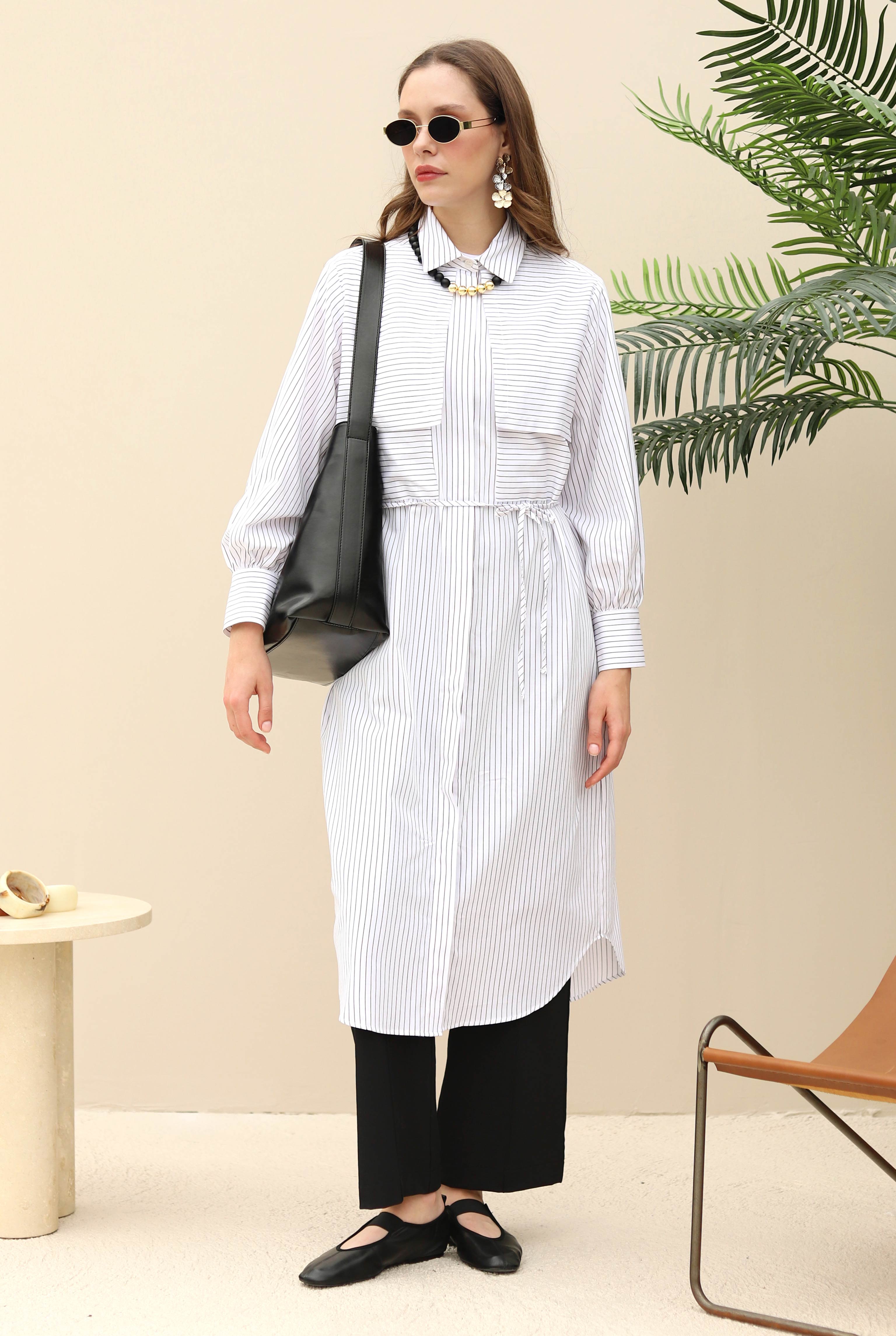 Apron Detailed Long Shirt White - HE-QA