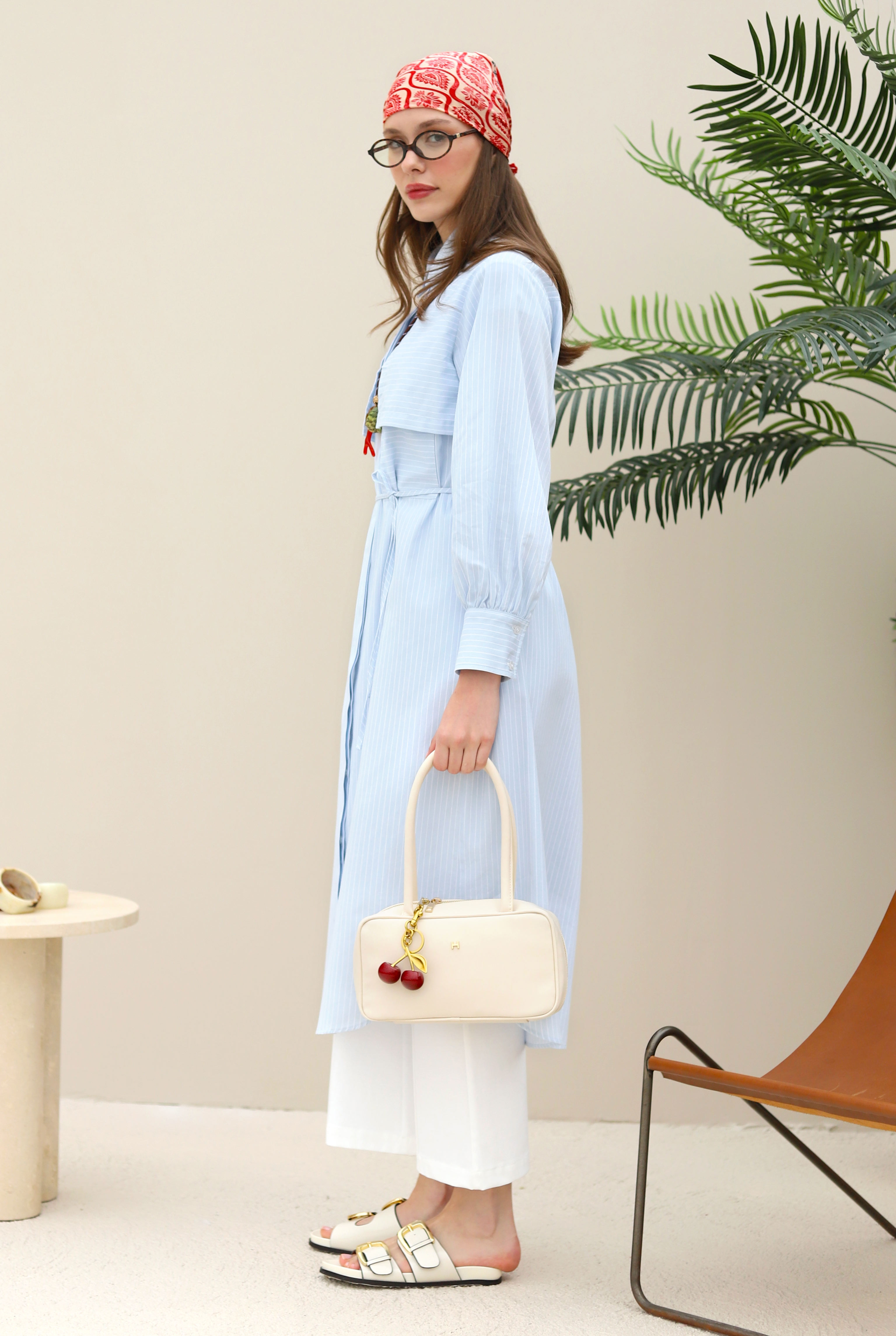 Apron Detailed Long Shirt Ice Blue - 2