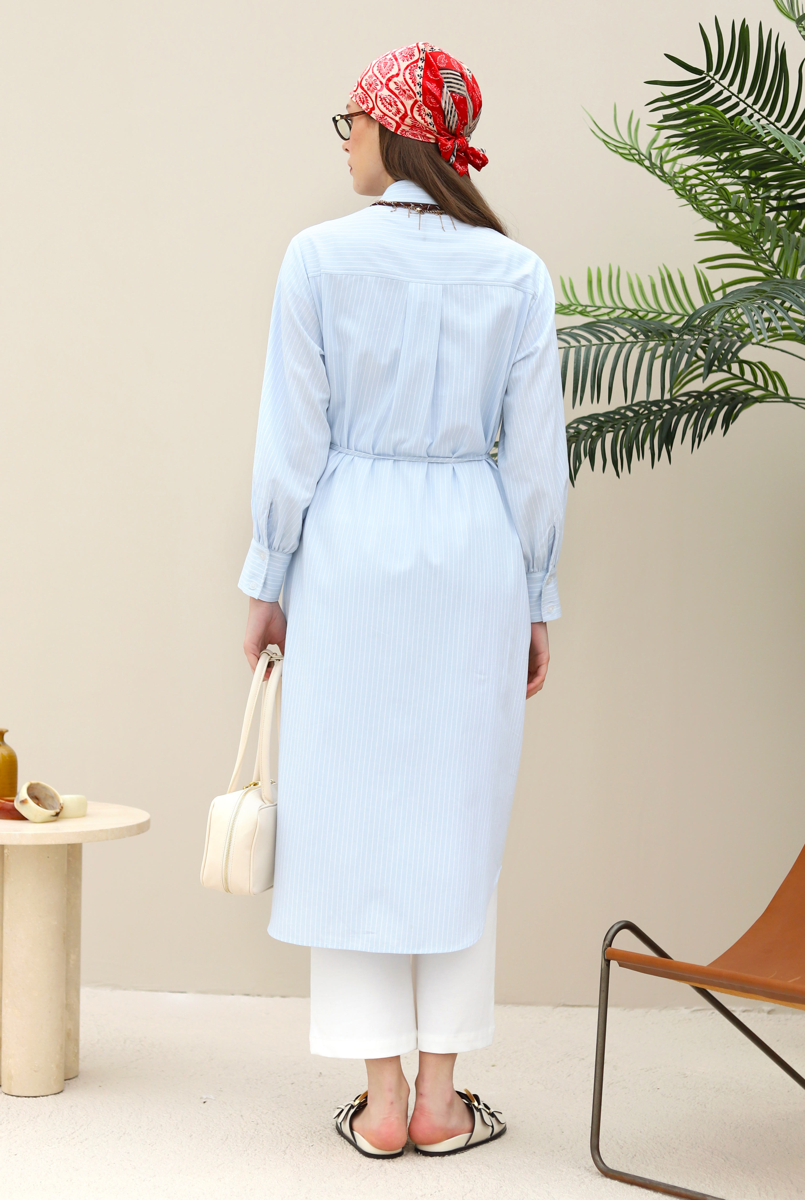 Apron Detailed Long Shirt Ice Blue - 3