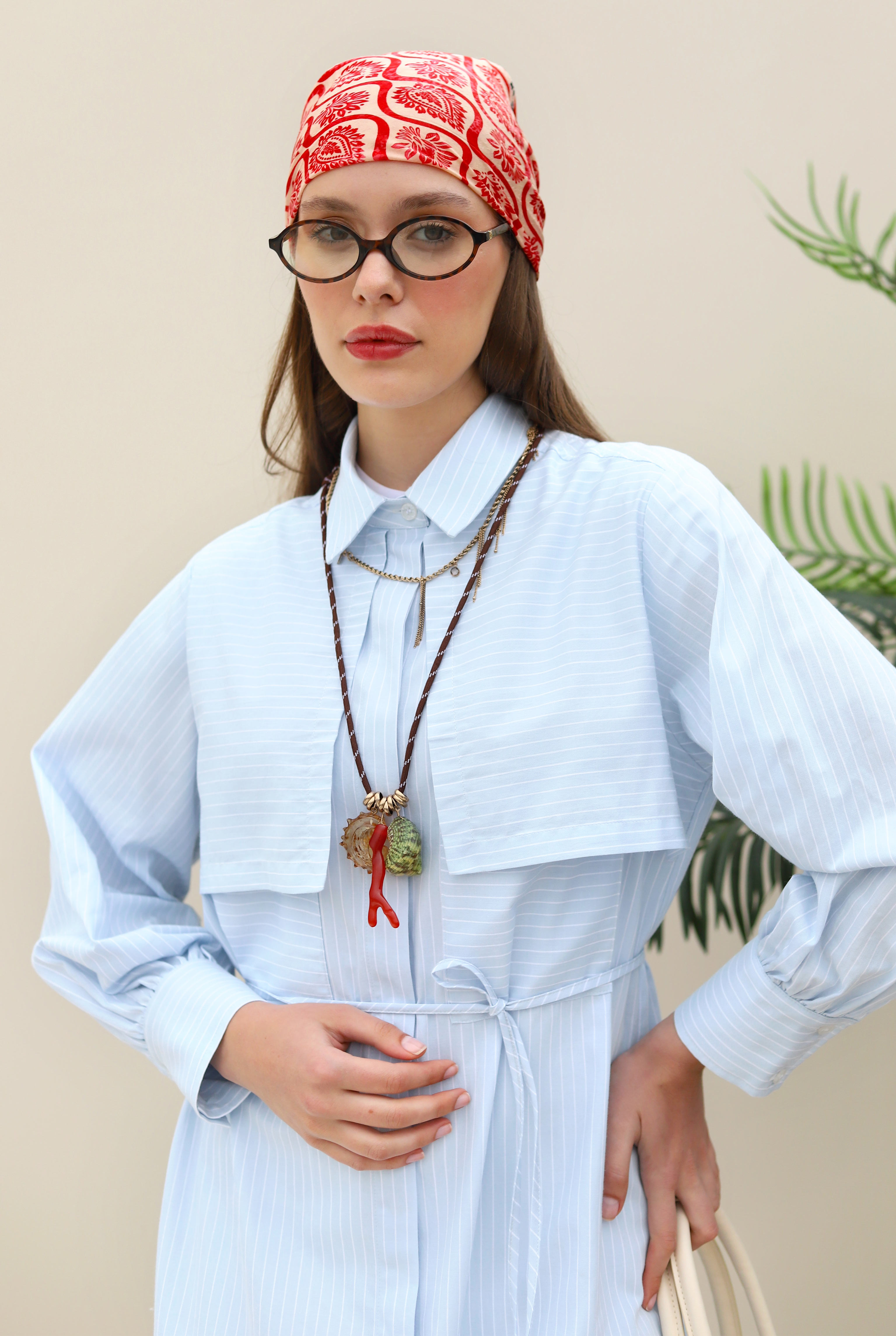 Apron Detailed Long Shirt Ice Blue - 4