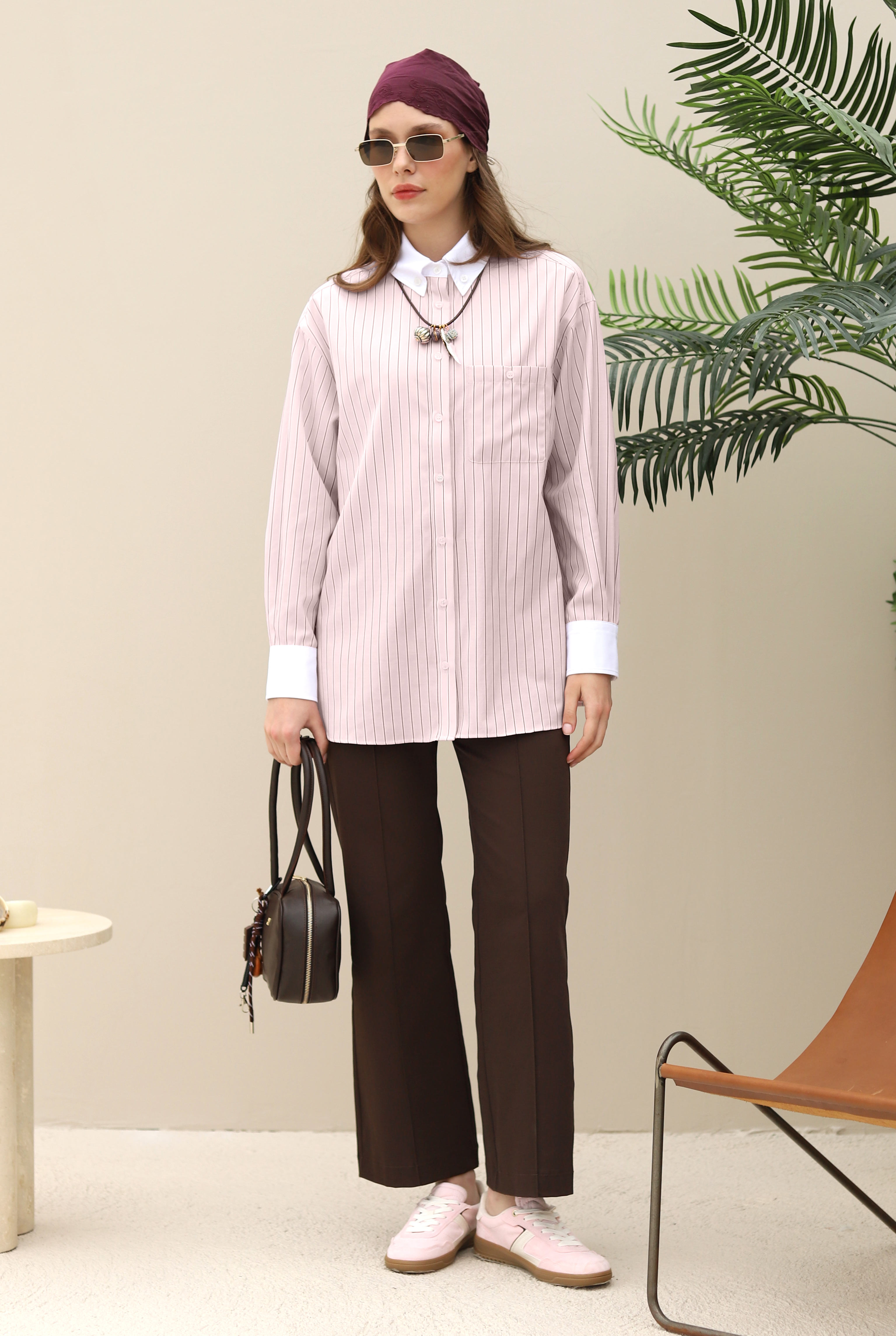 Shirt With Contrast Collar And Cuffs Pink - 2