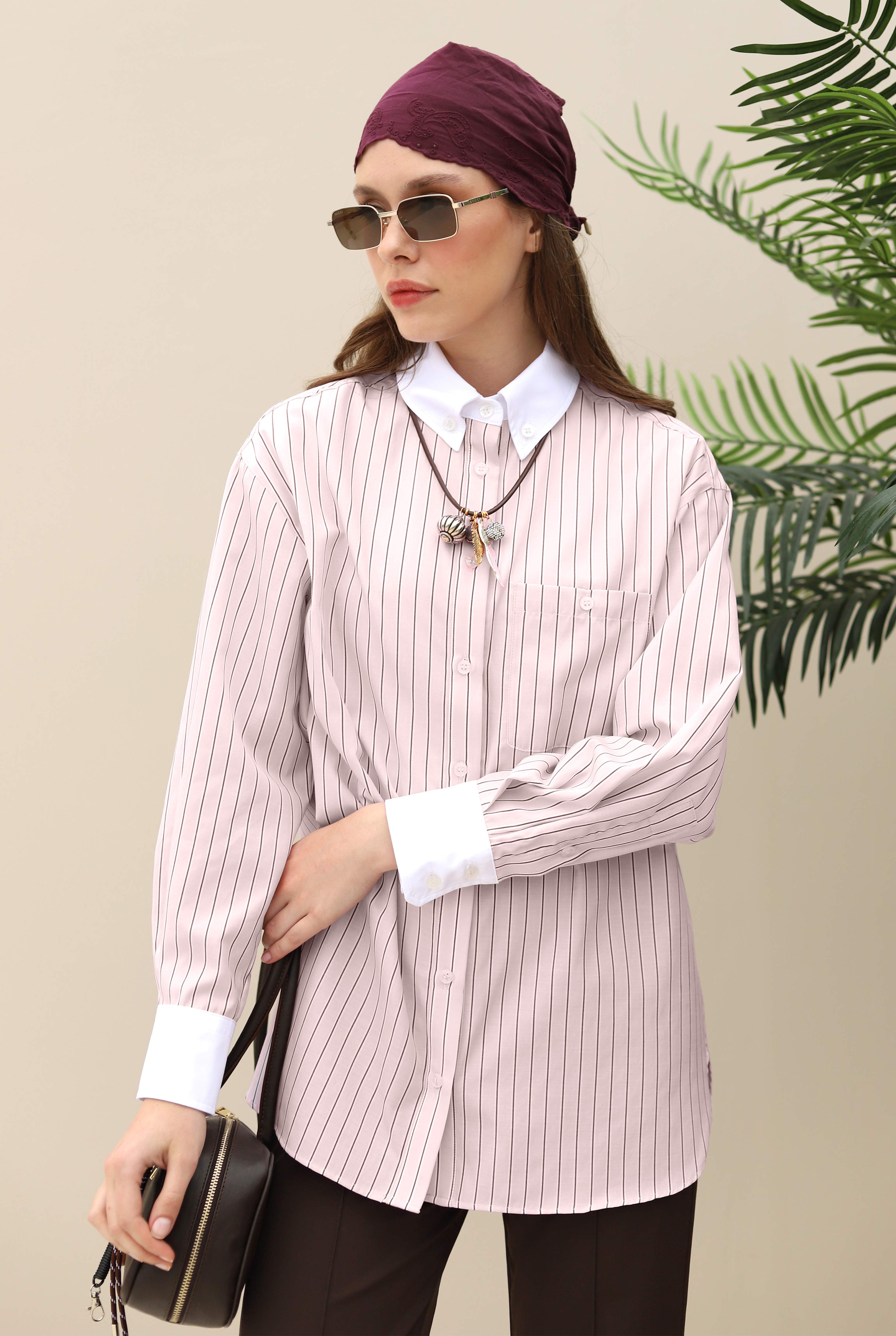 Shirt With Contrast Collar And Cuffs Pink - 5