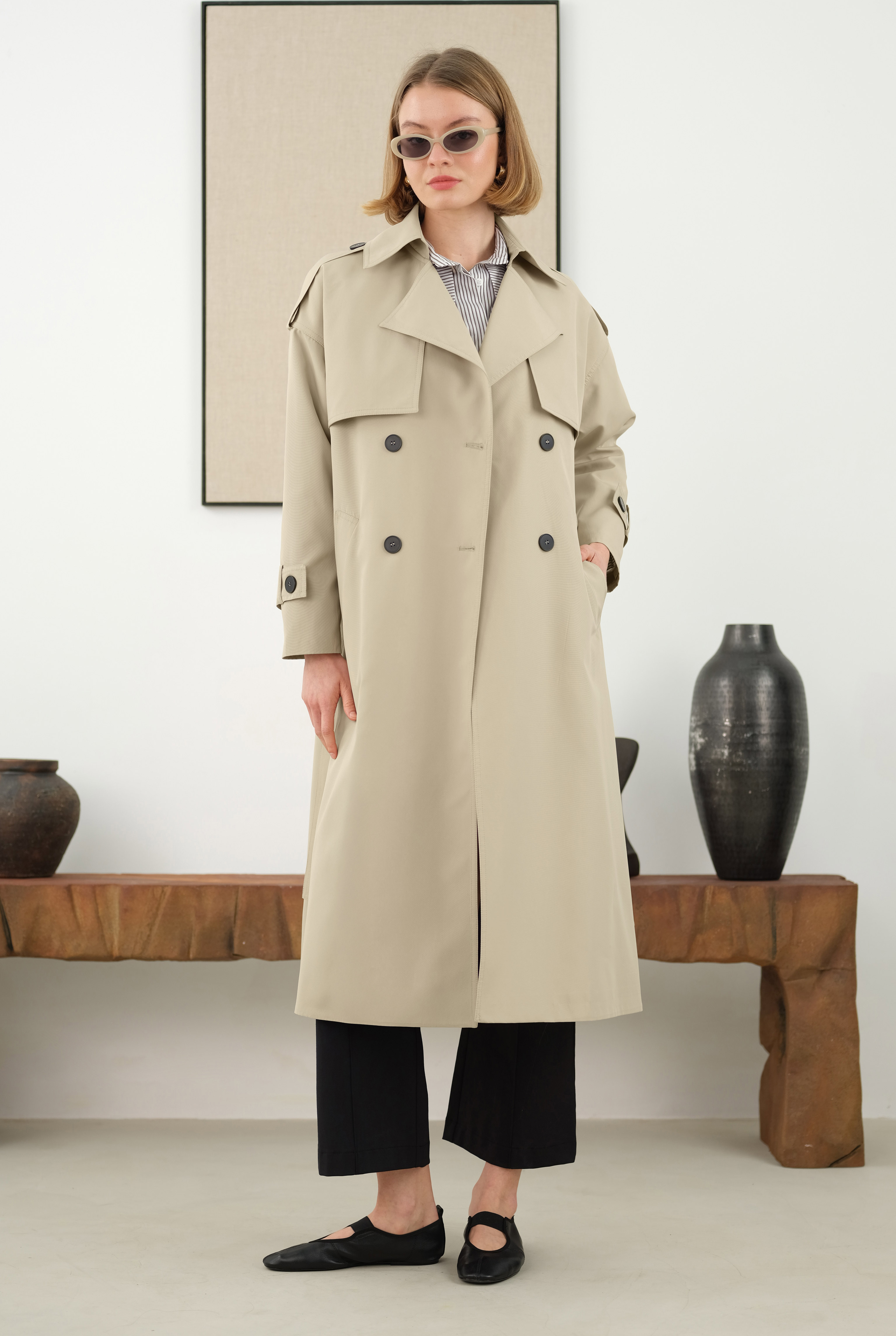 Long Classic Trenchcoat Sage Green - 3