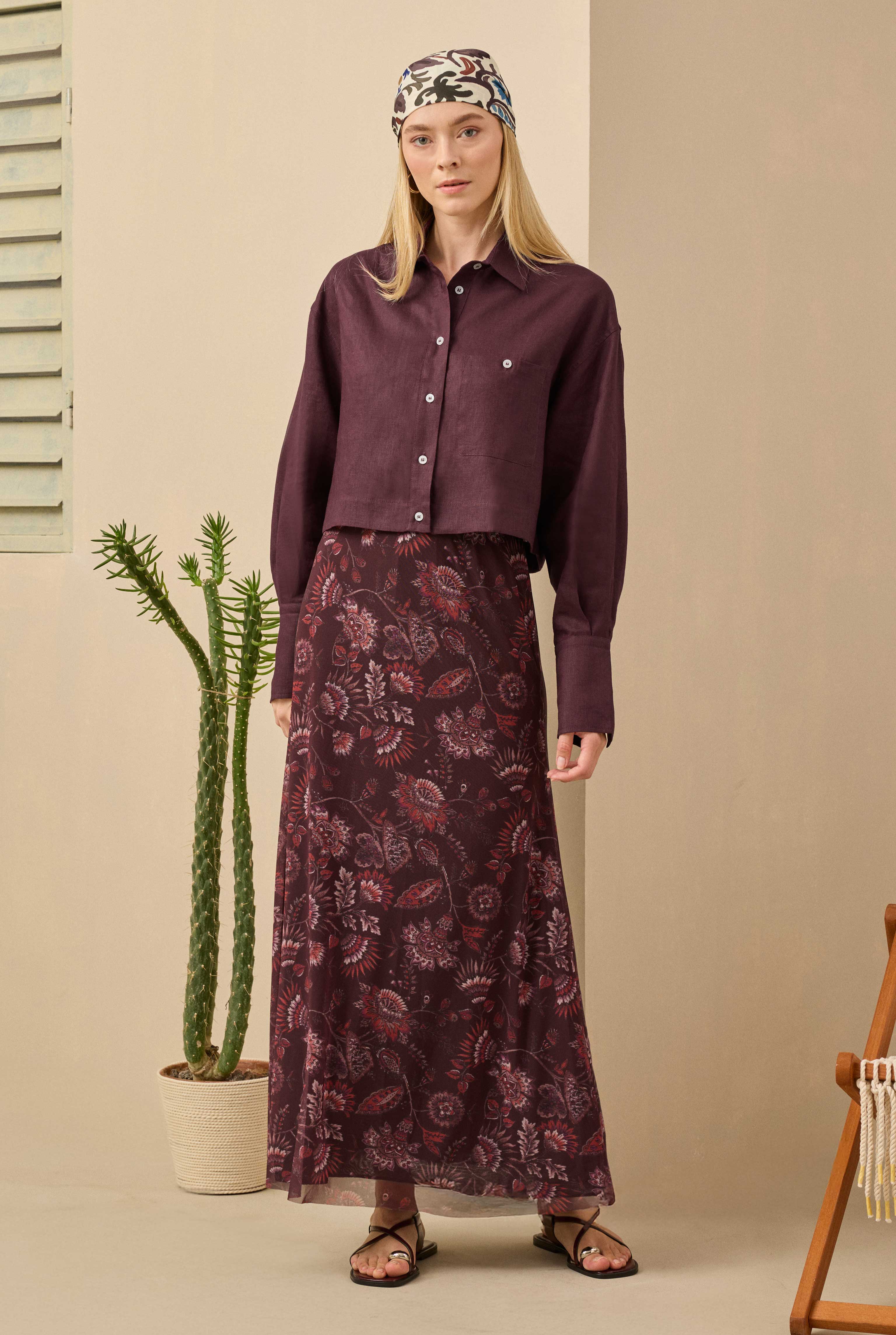 Linen Crop Shirt Bordeaux - 4