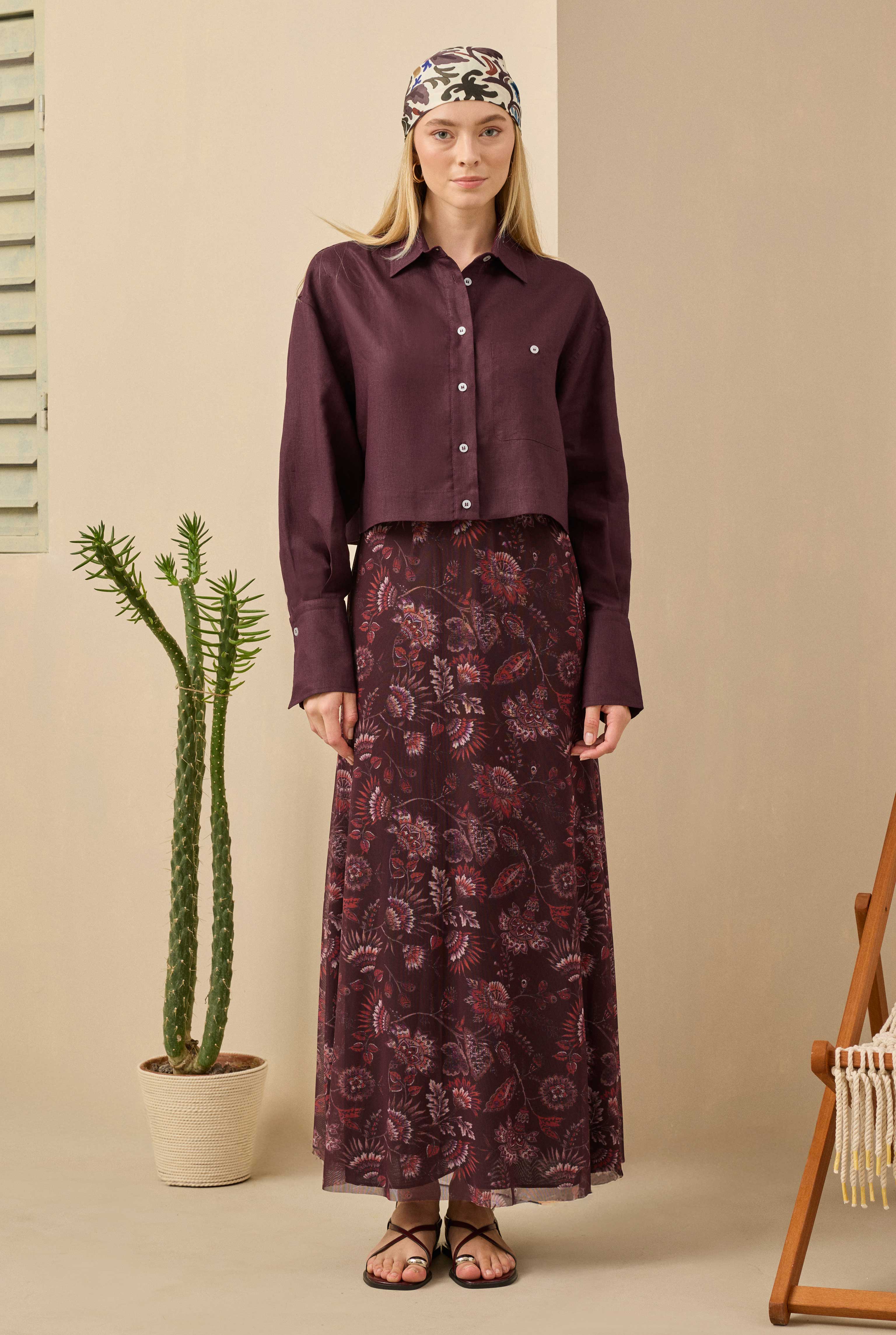 Linen Crop Shirt Bordeaux - 6