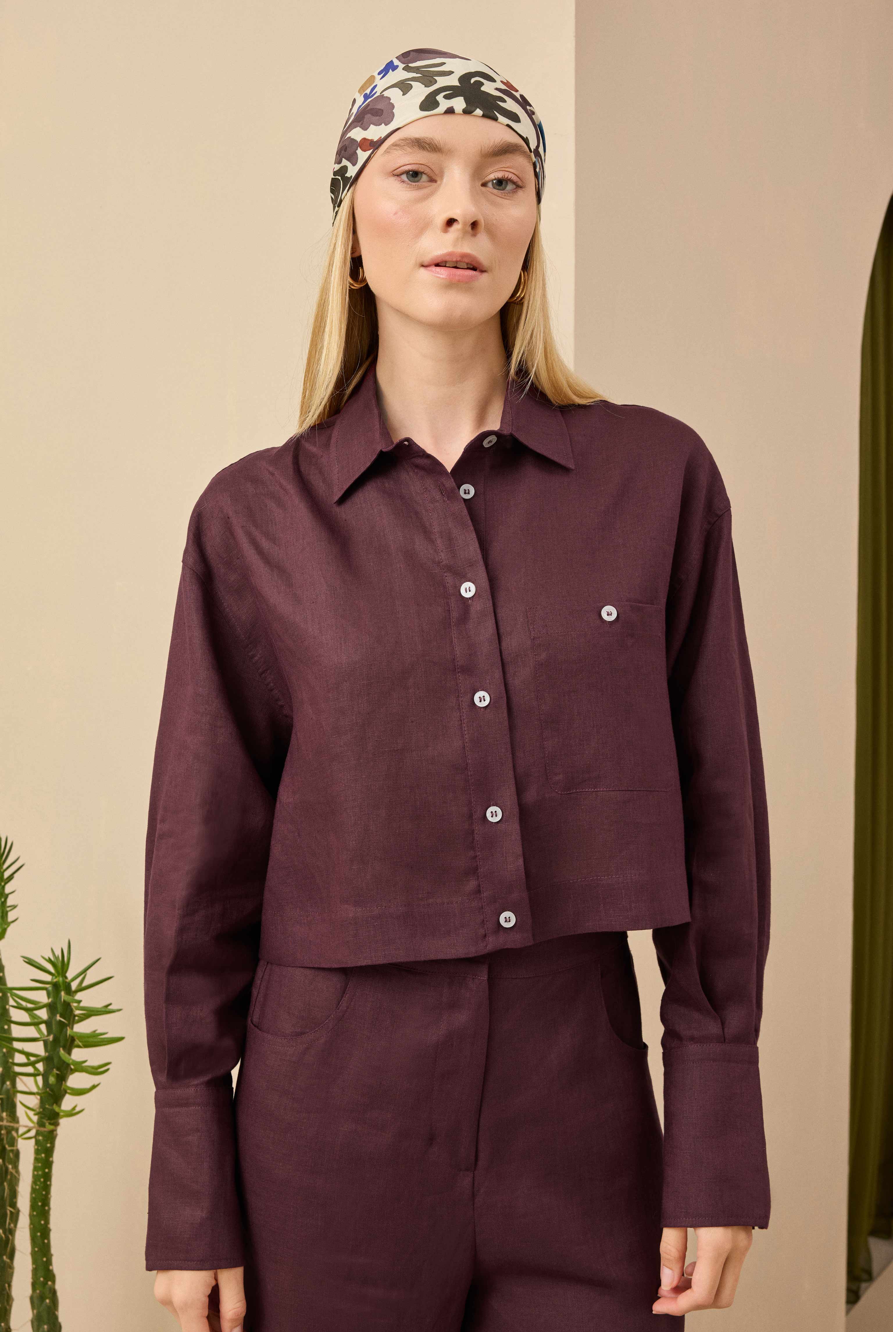 Linen Crop Shirt Bordeaux - 2