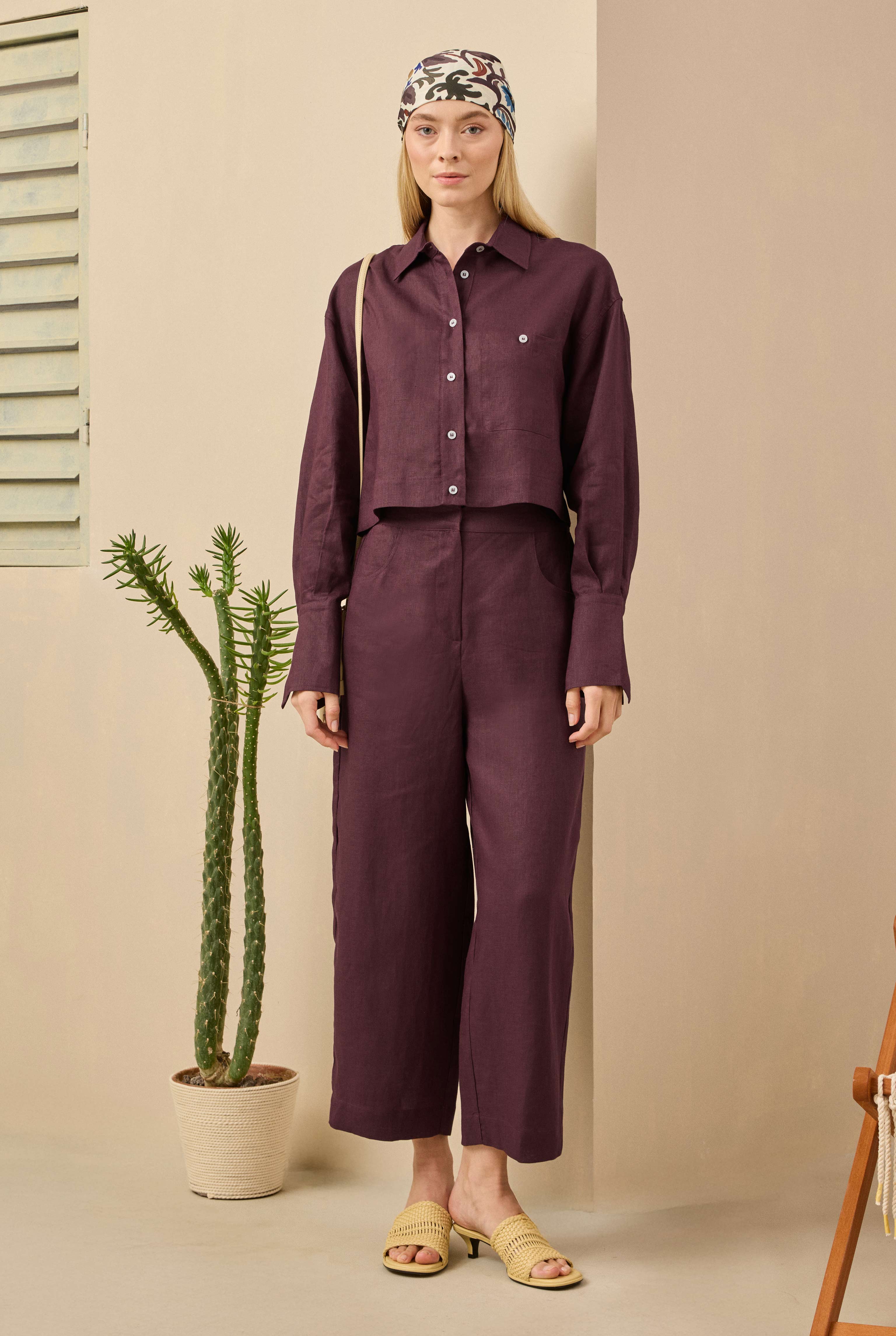 Linen Crop Shirt Bordeaux - 8