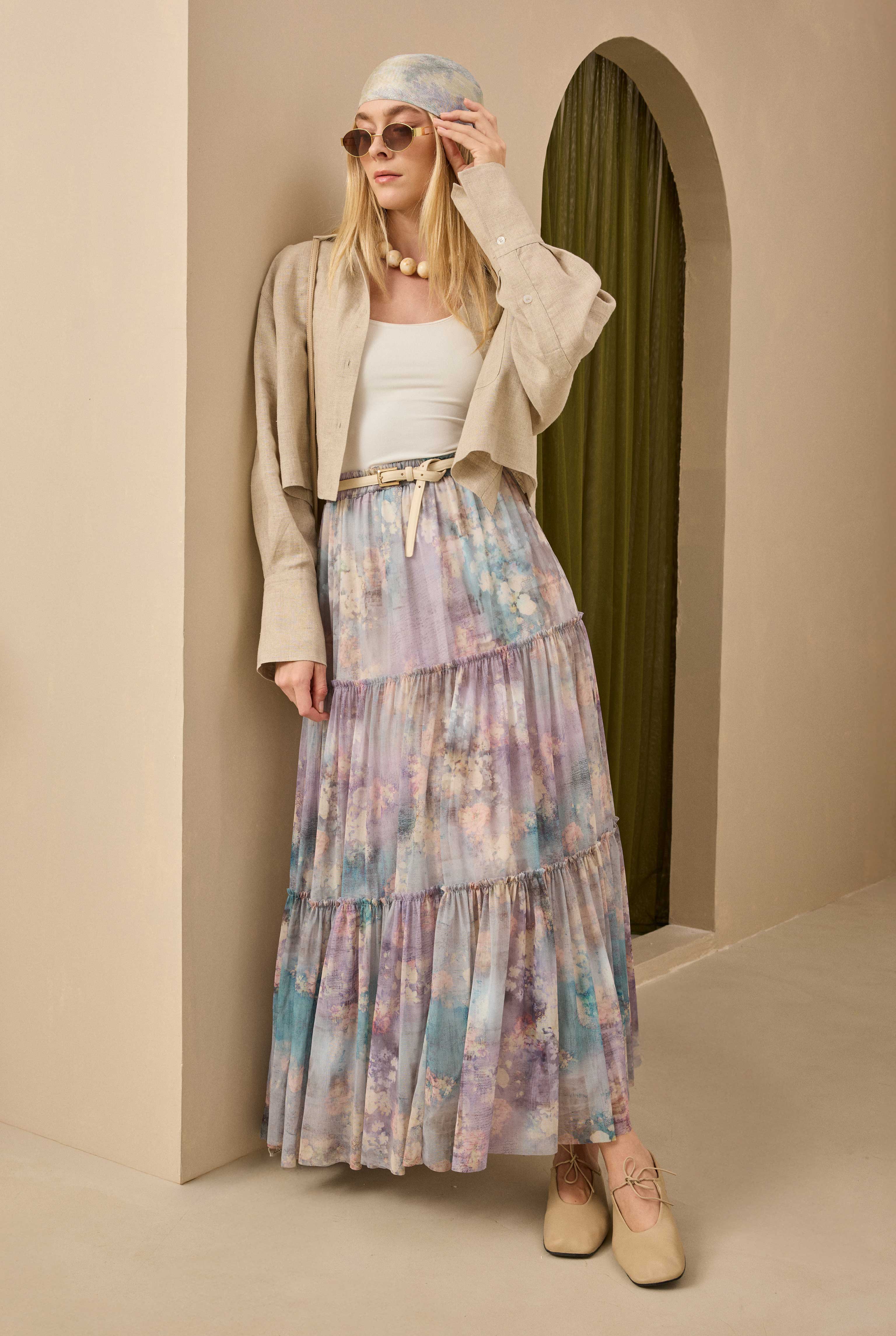 Layered Tulle Skirt Floral Patterned Blue - 2