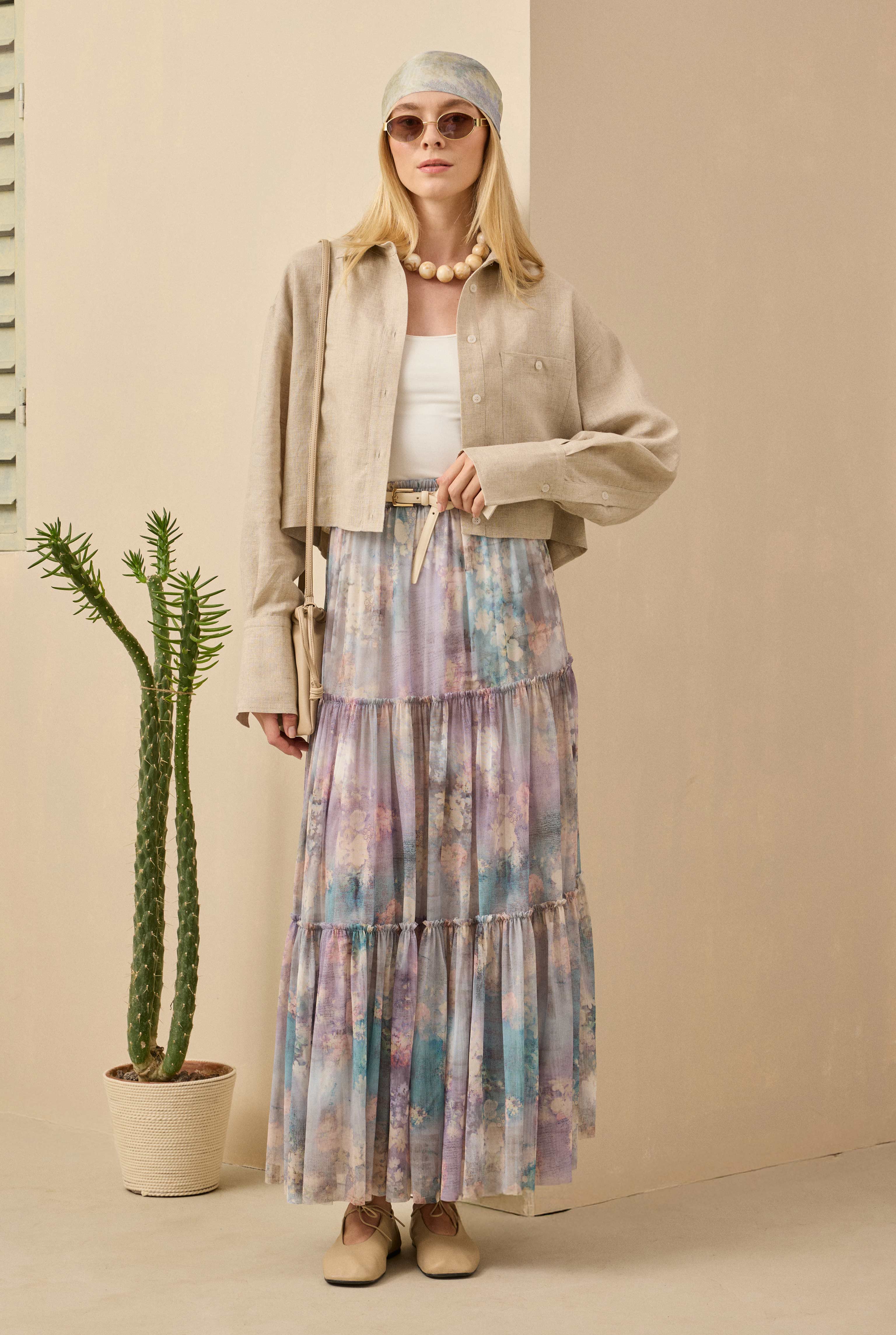 Layered Tulle Skirt Floral Patterned Blue - 3