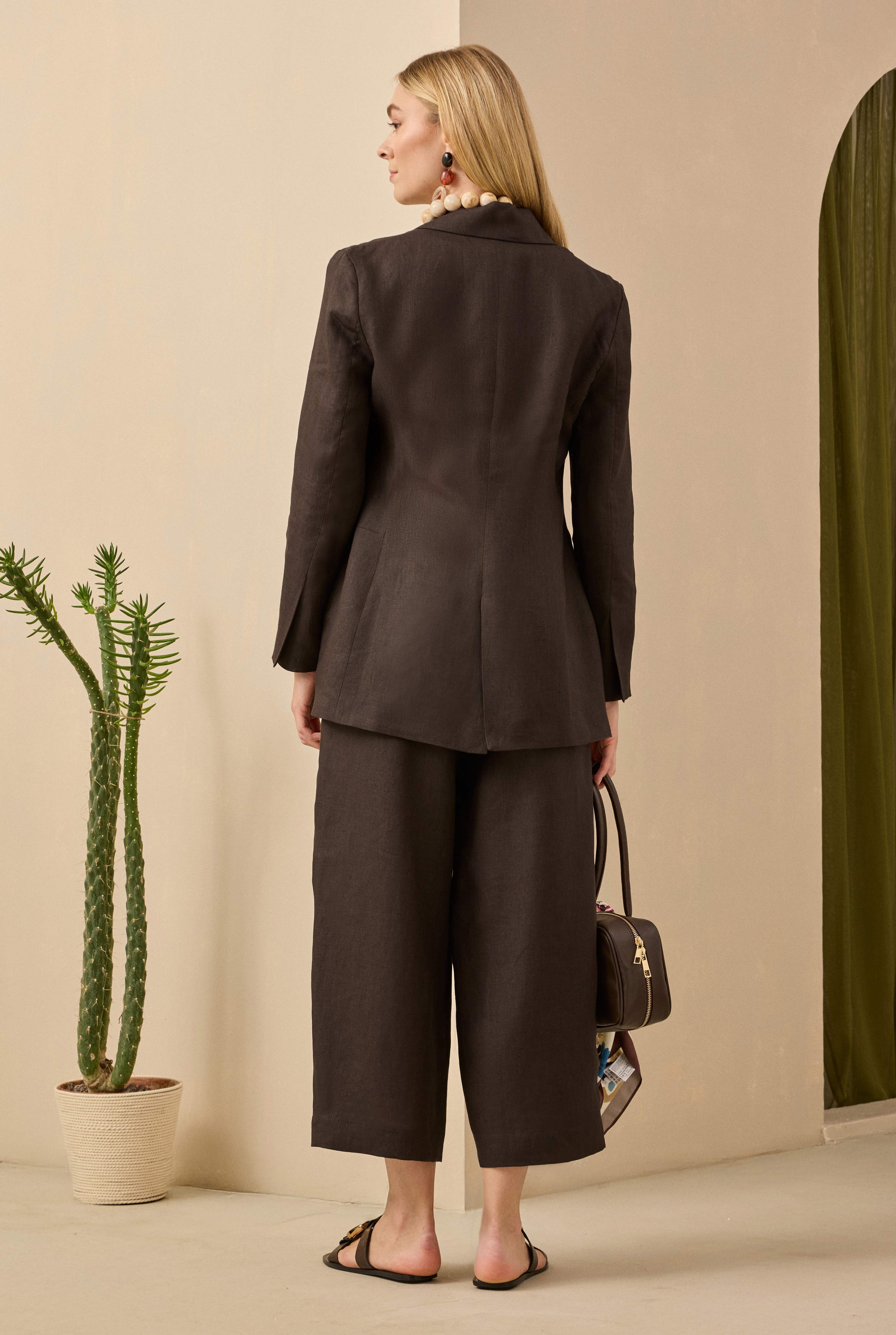 Midi Linen Trousers Dark Brown - 4