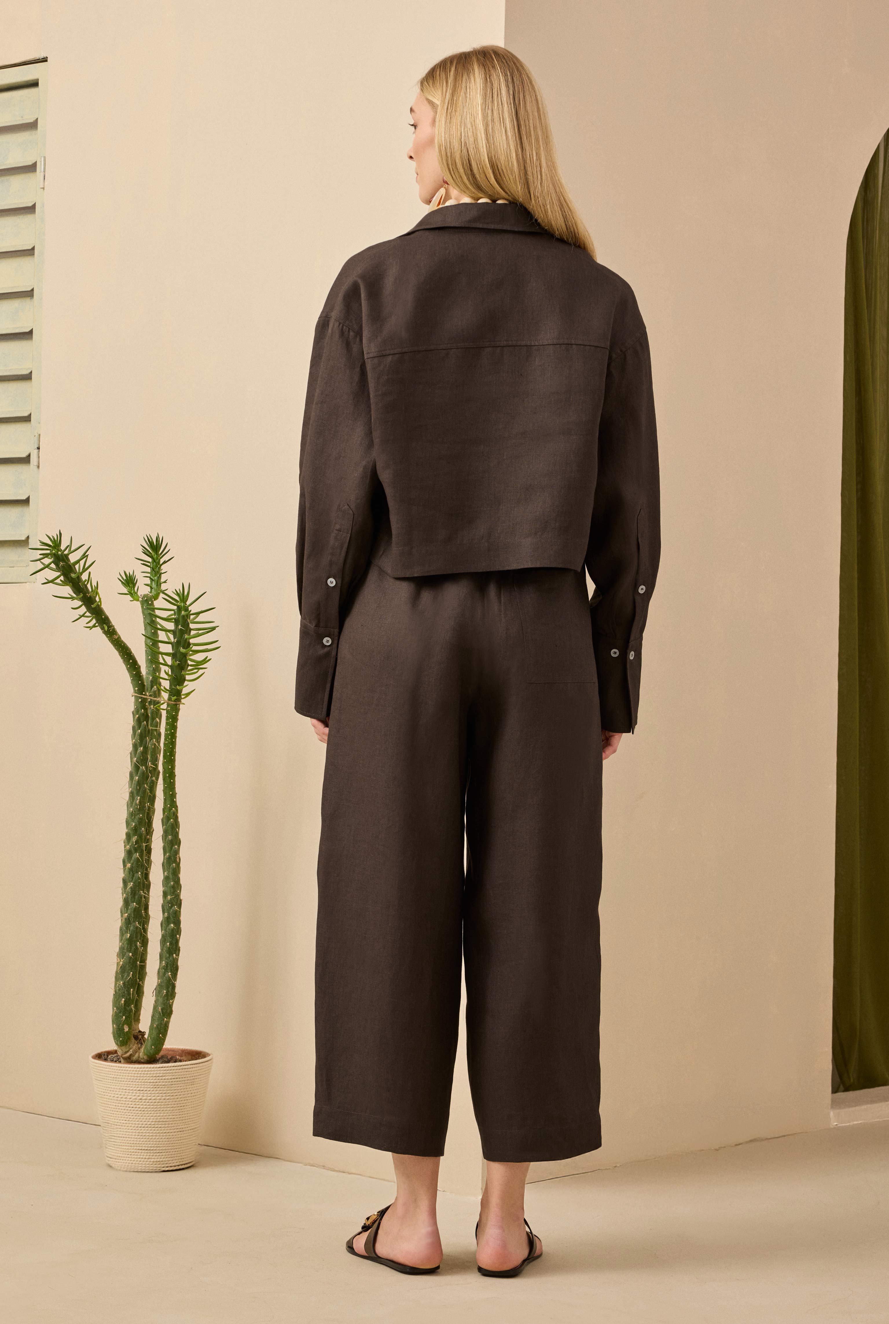 Midi Linen Trousers Dark Brown - 5