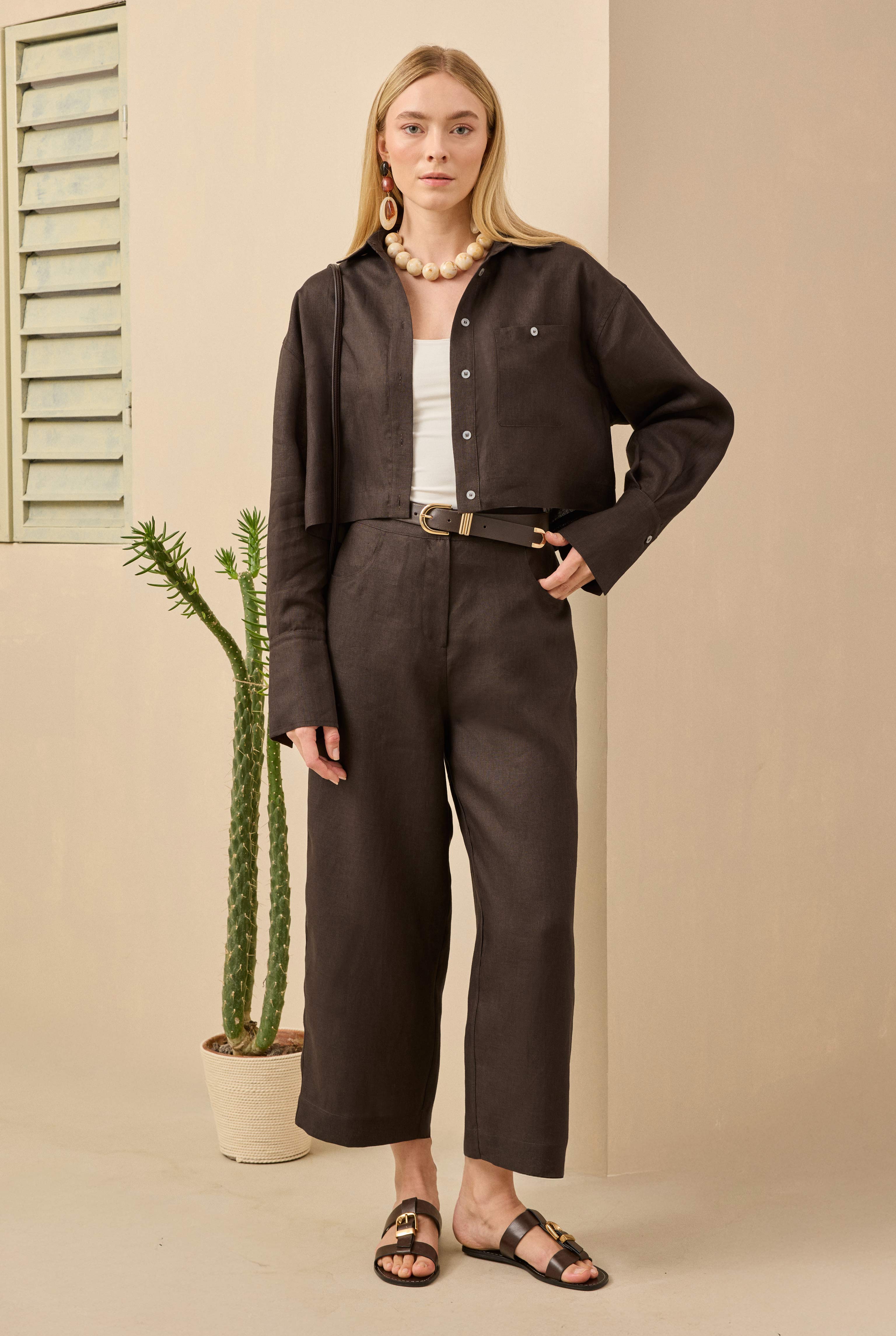 Midi Linen Trousers Dark Brown - 2