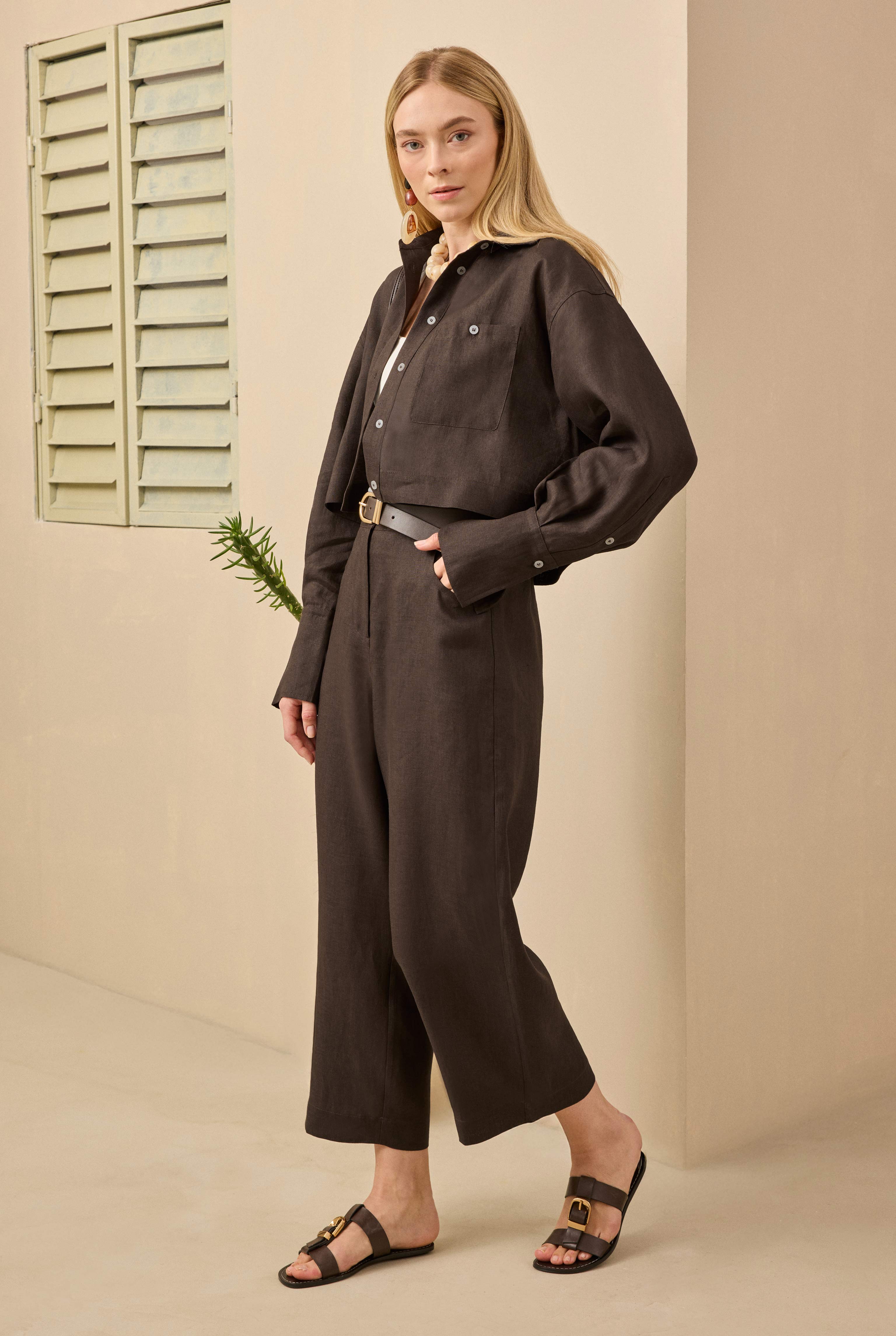 Midi Linen Trousers Dark Brown - 3