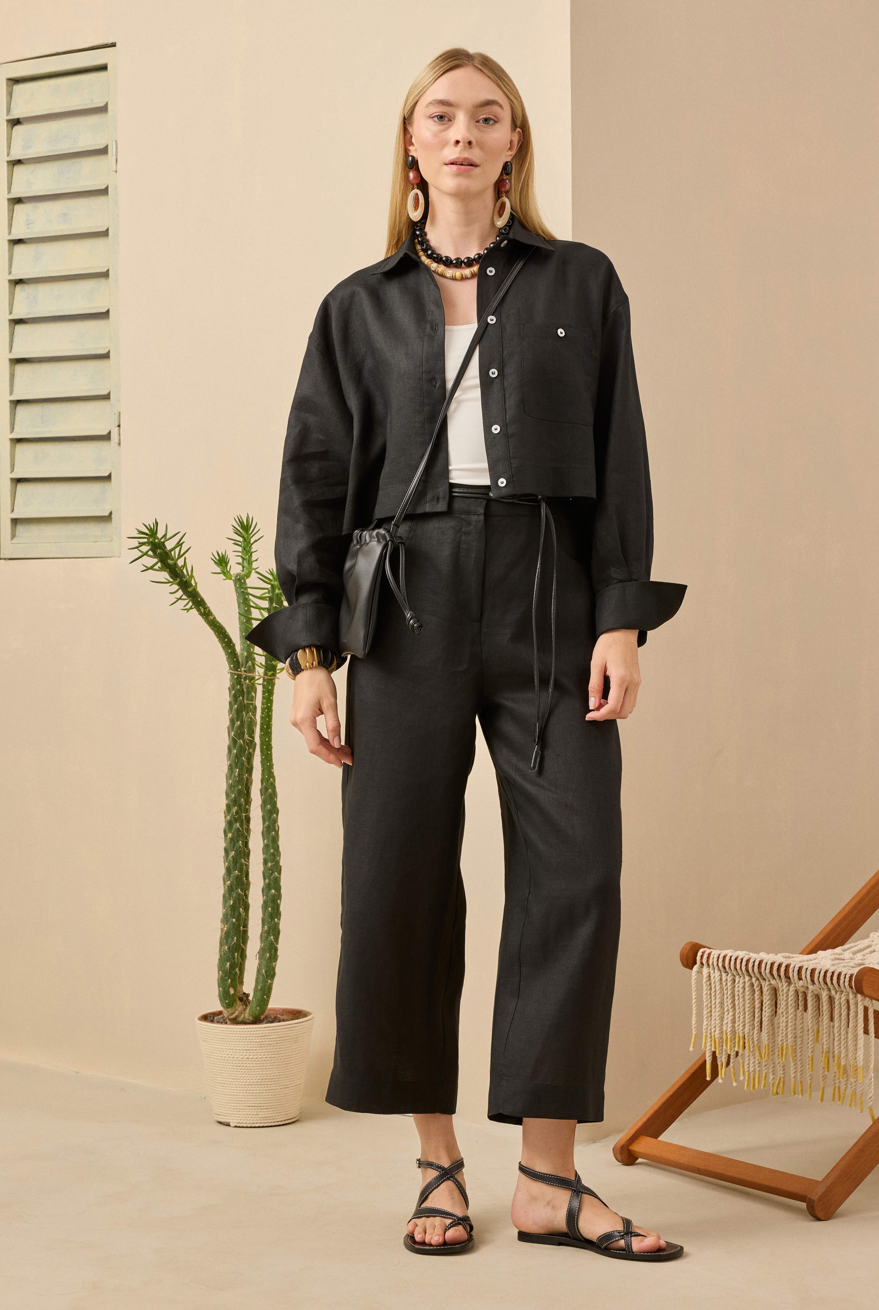 Linen Crop Shirt Black - 2