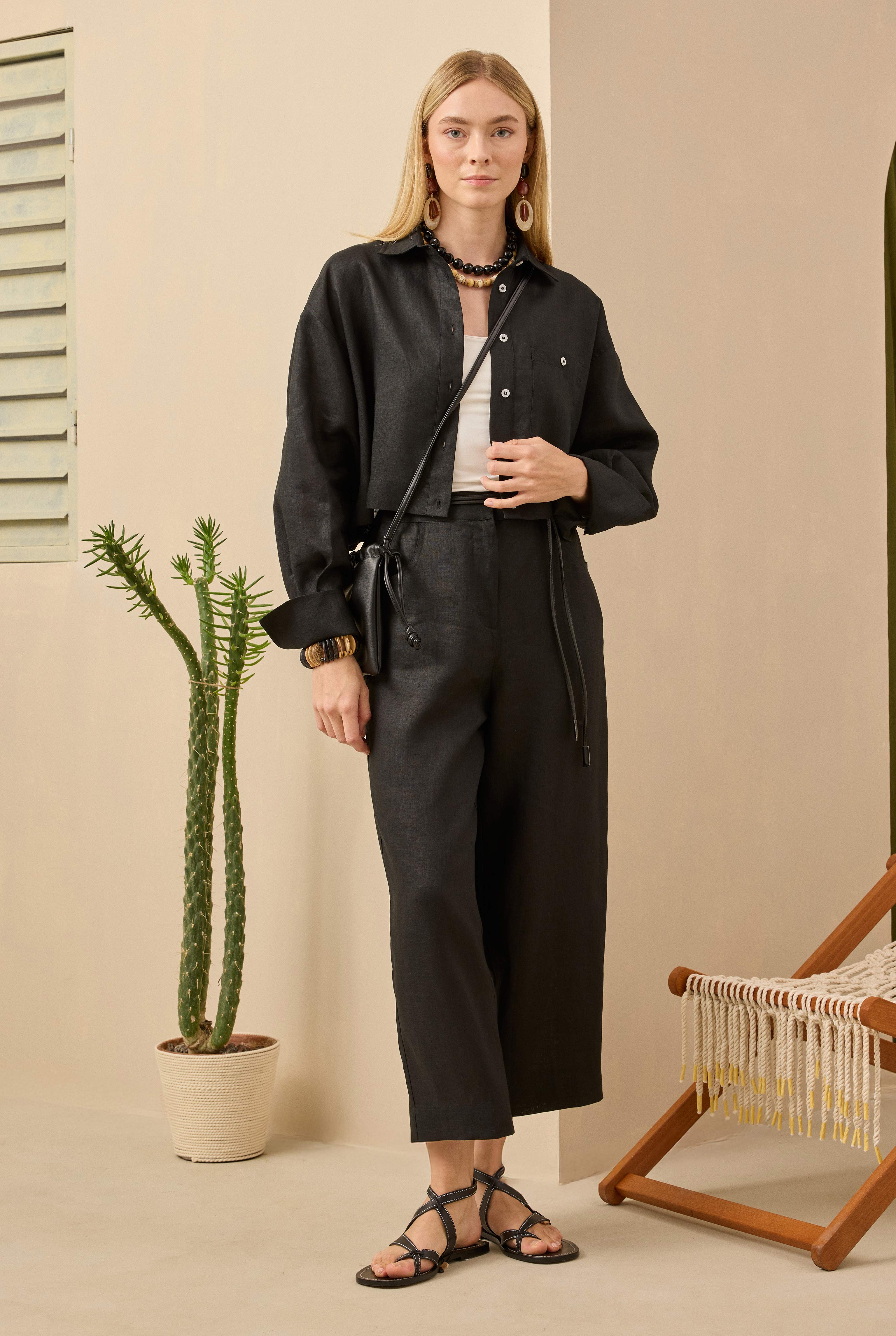 Linen Crop Shirt Black - 4
