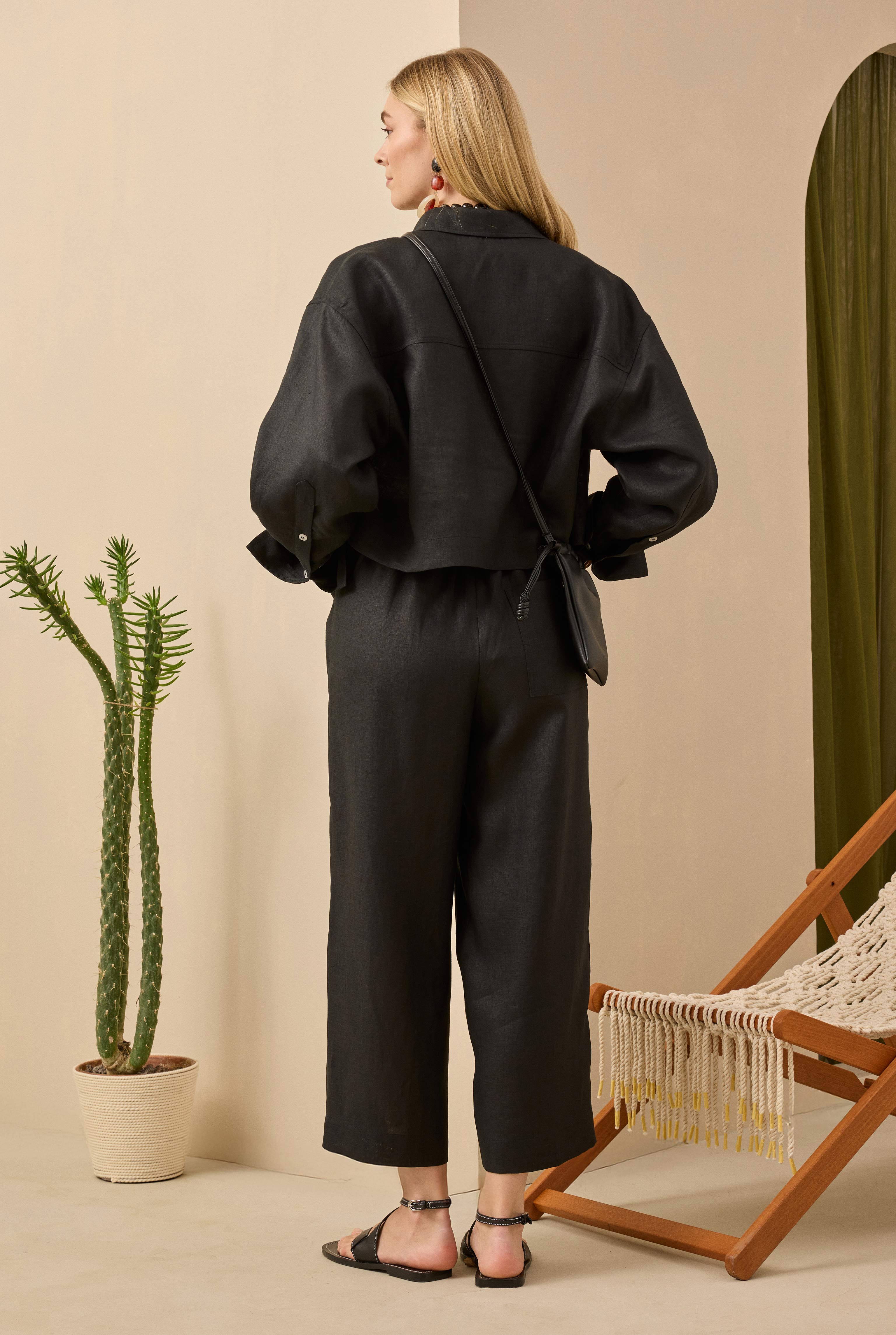 Linen Crop Shirt Black - 5