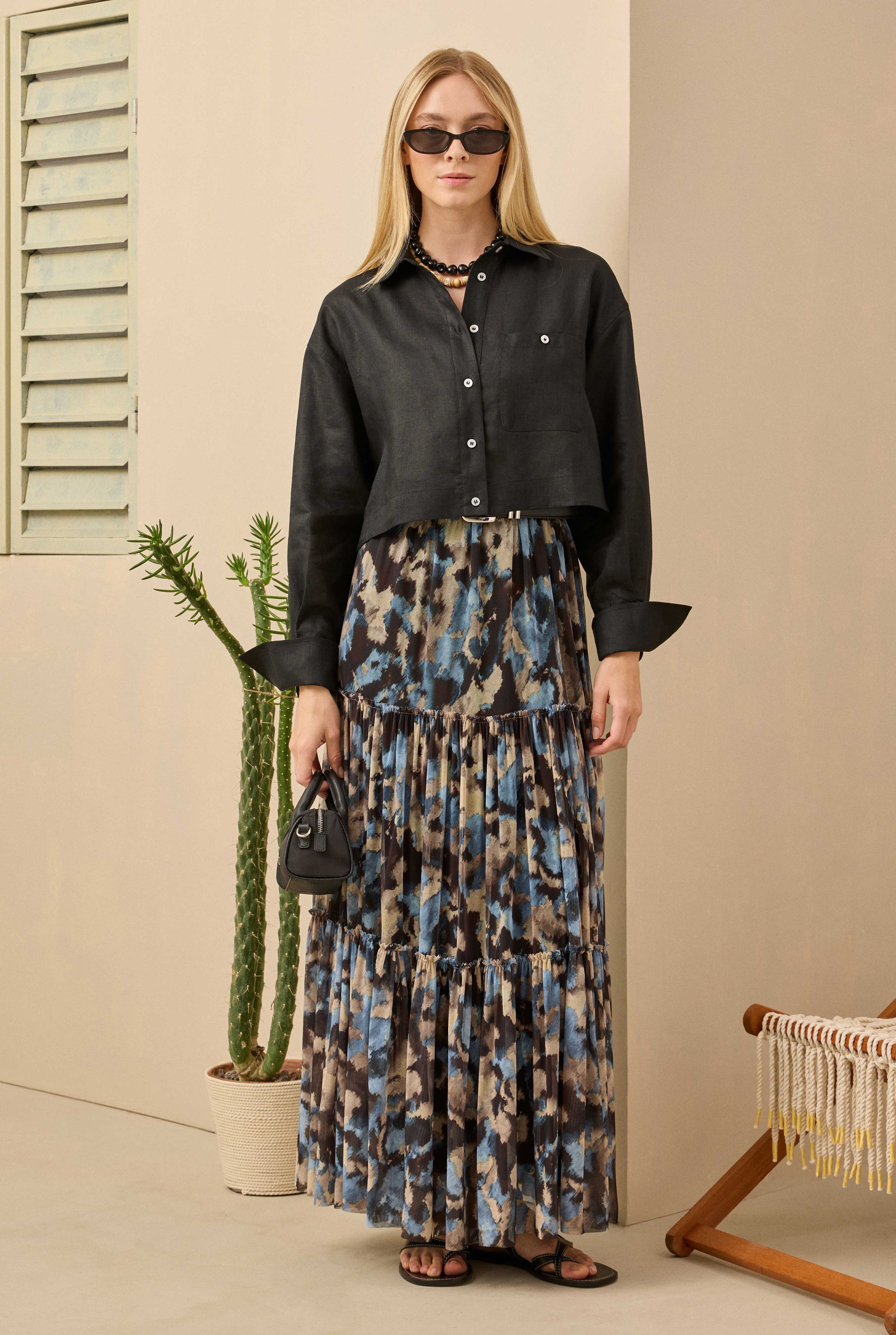 Linen Crop Shirt Black - 6