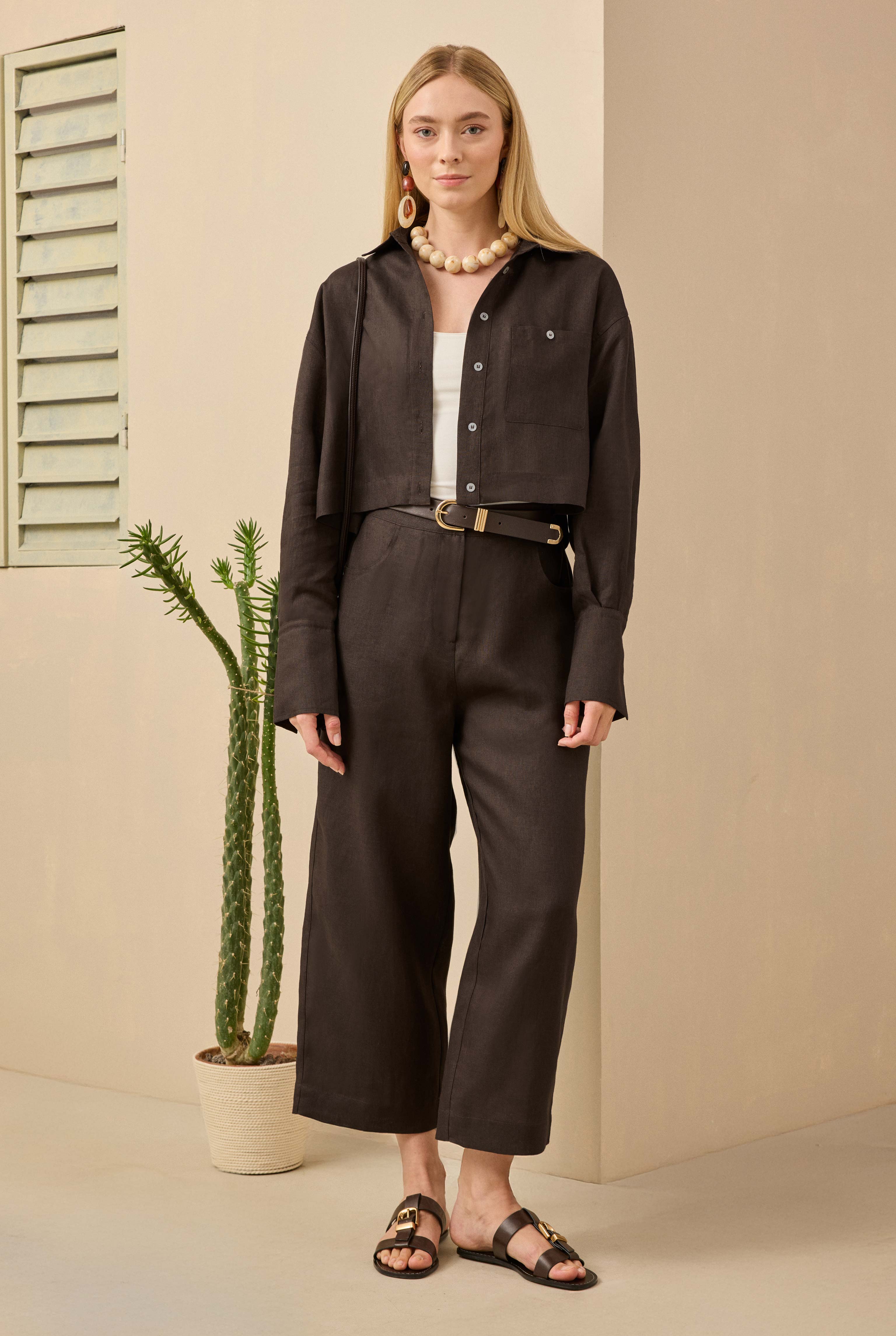Linen Crop Shirt Dark Brown - 2