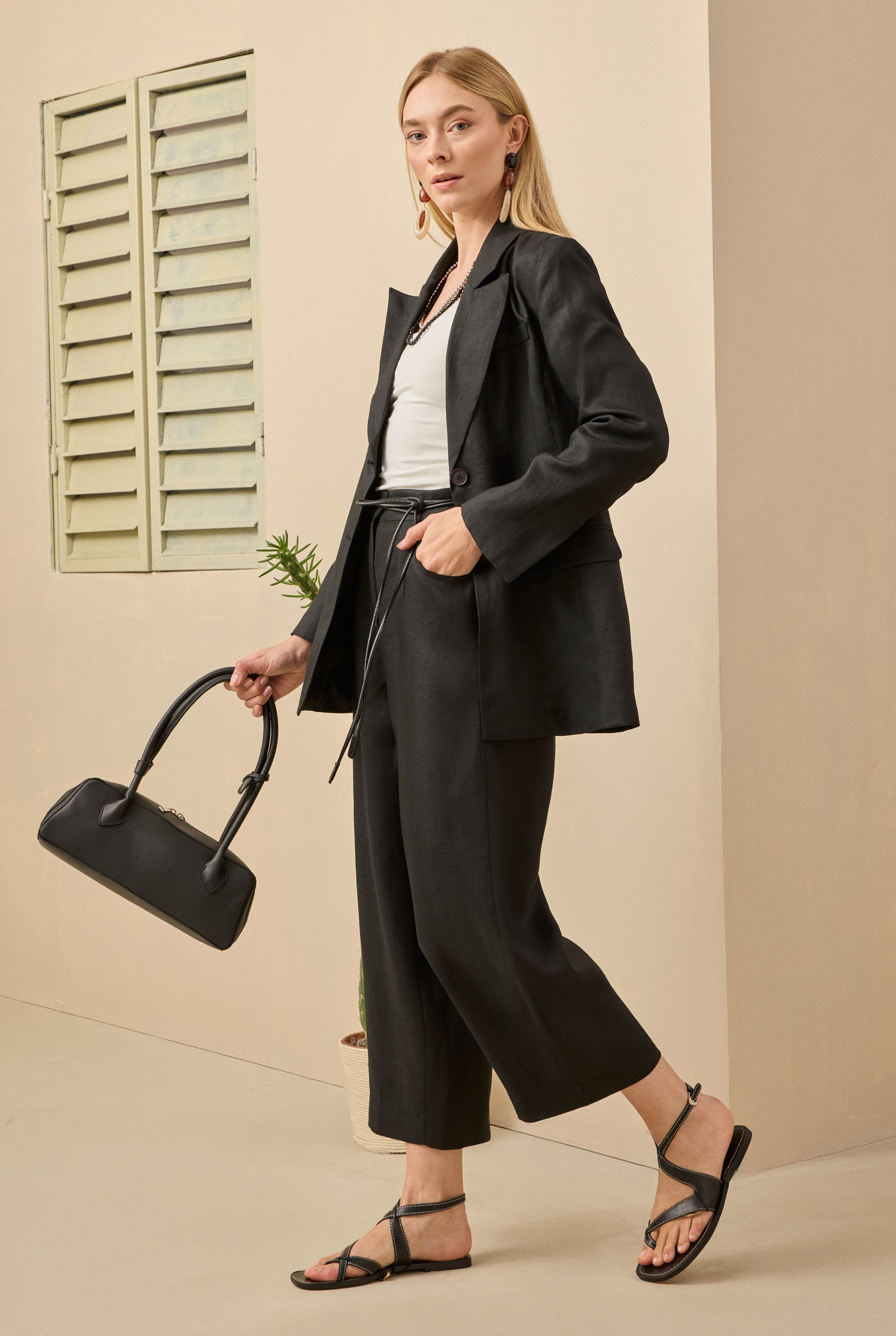 Midi Linen Trousers Black - 4